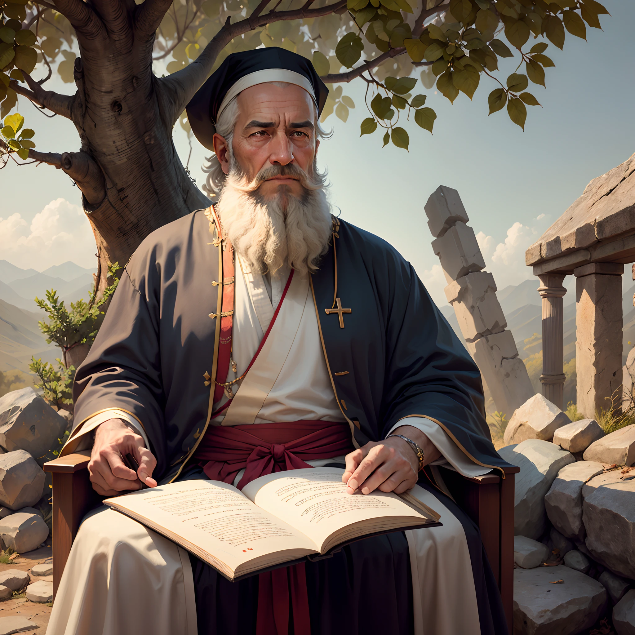Abraham: Father of the Jewish nation and central figure in the Jewish faith, considered the spiritual father of many. “Generate an image of a bearded man dressed in ancient robes, sitting beneath a fig tree and reading a parchment scroll.”