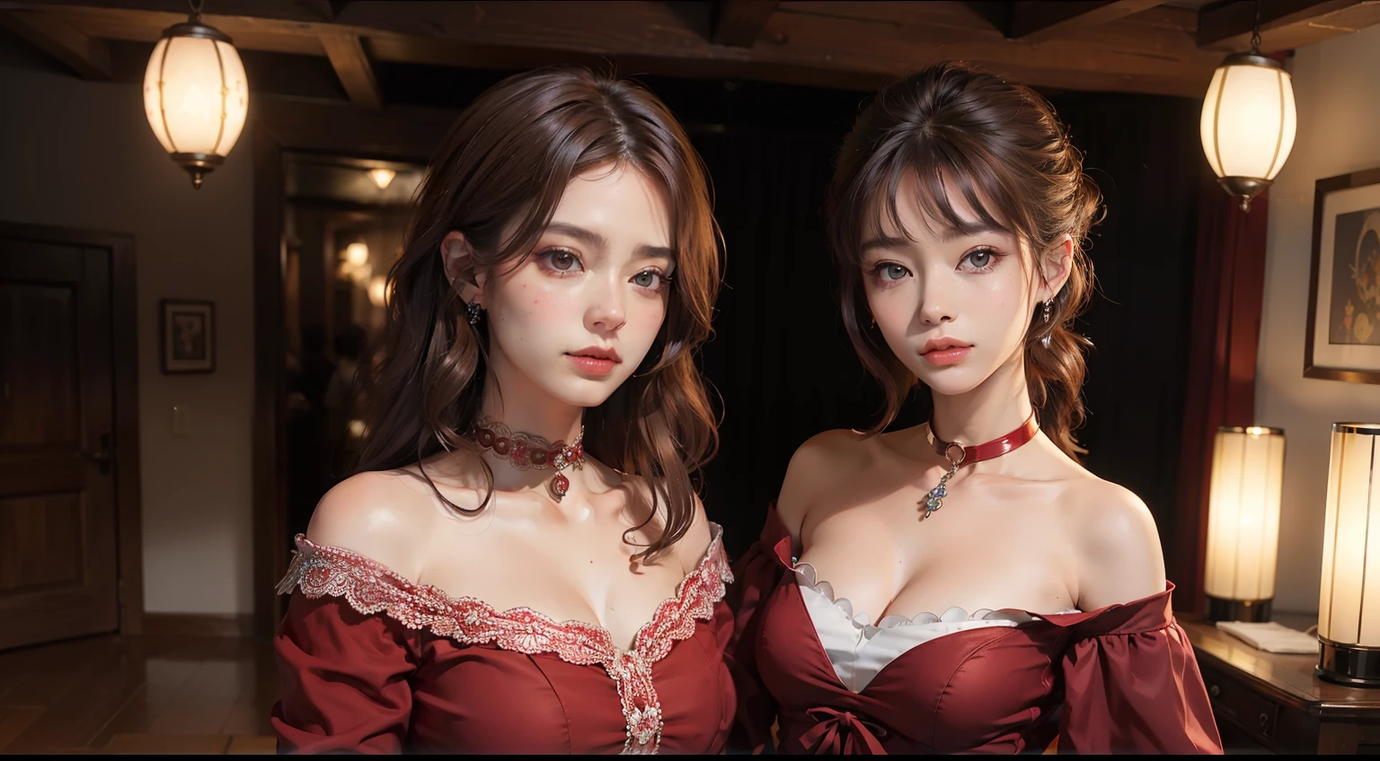 (realisitic,Photorealsitic:1.4),(1 beauty:1.3),(beautiful countenance:1.5),Detailed shiny skin,A detailed eye,Precise hands and fingers,8K HDR, , ​masterpiece, (Dynamic Angle Video),电影灯光, Finely drawn backgrounds,Beautyfull asian,off shoulders,red brown hair,Neck choker,Peru,Mountain Inn,Taking a deep breath
