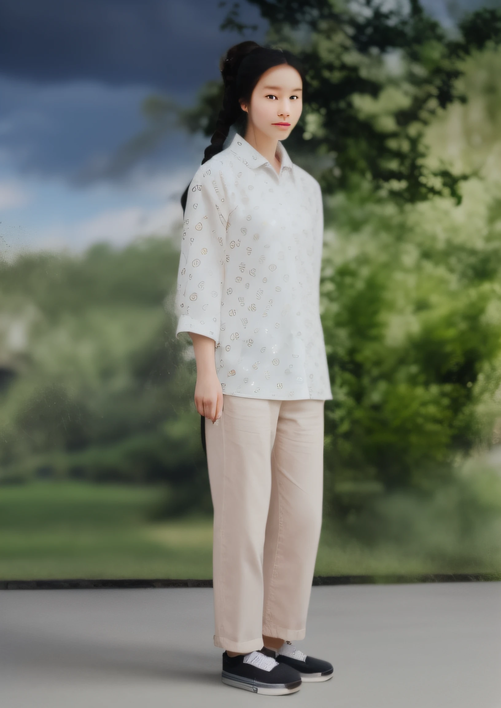 A Chinese girl with two twisted braids,Wearing white floral clothes,Half rolled up sleeves,expose arms,The hand clenched slightly into a fist,Wear pants,Wear black cloth shoes on their feet,Stand on the concrete floor,Green grass in the background,There are greenery,And wonderful skies,The picture is clear overall,The light is natural,HD8K
