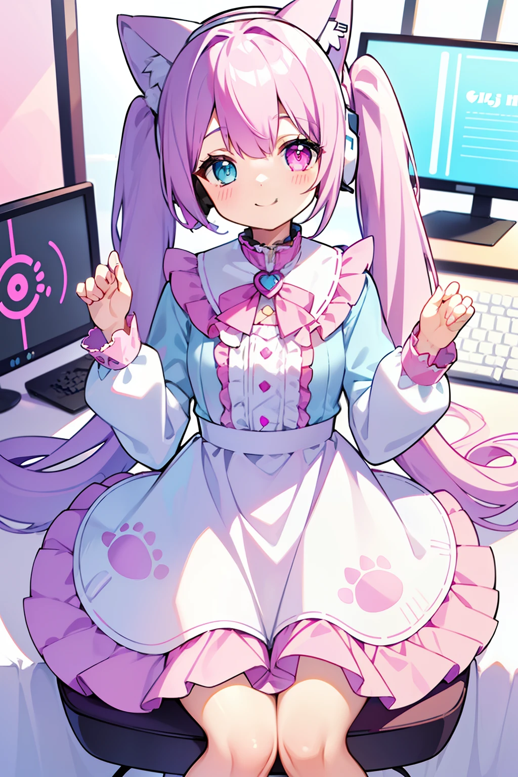 masterpiece, best quality, 1girl, solo, light purple hair, long hair, twintails, Heterochromia, ((pink right eye)), ((light blue left eye)), cute dress, long sleeves, frilled, smiling, looking at viewer, a white rabbit hair pin, ((cat ear gaming headset)), in the room, (computer monitor), laughing, sitting on the chair