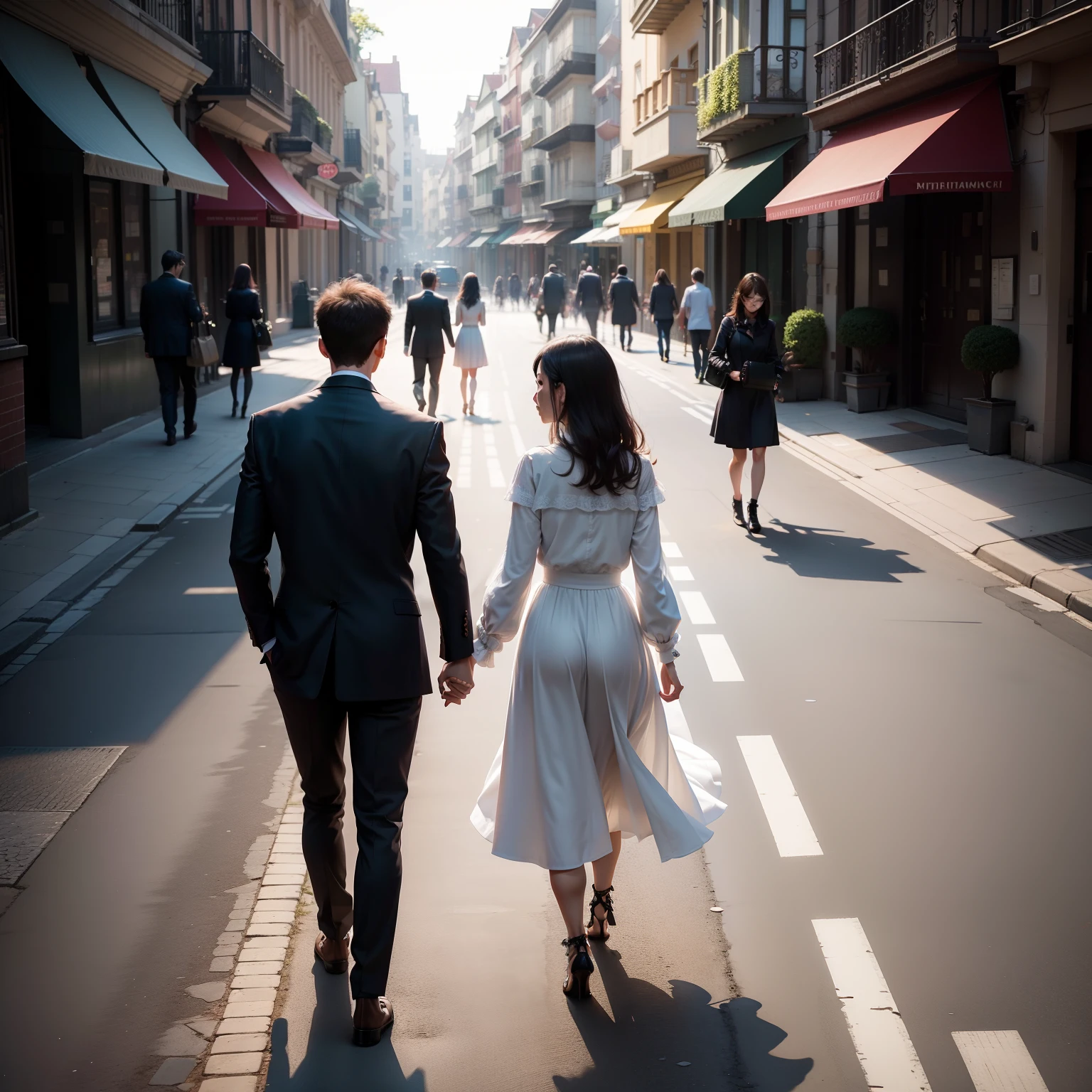 Not for nothing、Extramarital sex、A couple、stroll、Woman looking at couple、amaze、street、Suspicious shadows、