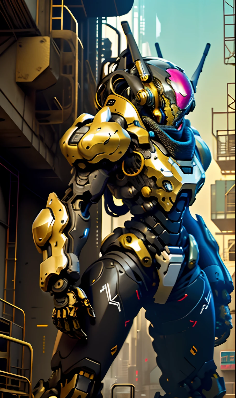1 woman inside a huge bulky exoskeleton robot , ((bulky)) armor, mecha, psychedelic details,
9d,(city war background), clean lines, negative space, high contrast, gradient color, (golden black)