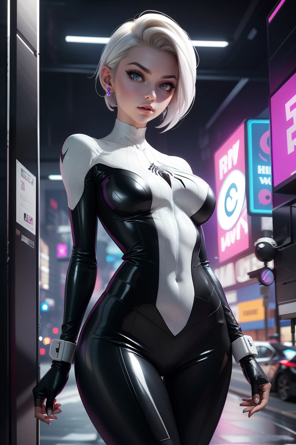 full body picture Unreal Engine 5 8K UHD of beautiful women, white short hair, wearing black white tight futuristic latex Spider Woman cosplay, latex glove, wearing purple glass, earring, lips piercing, modern city, best quality, masterpiece, 8K UHD wallpaper