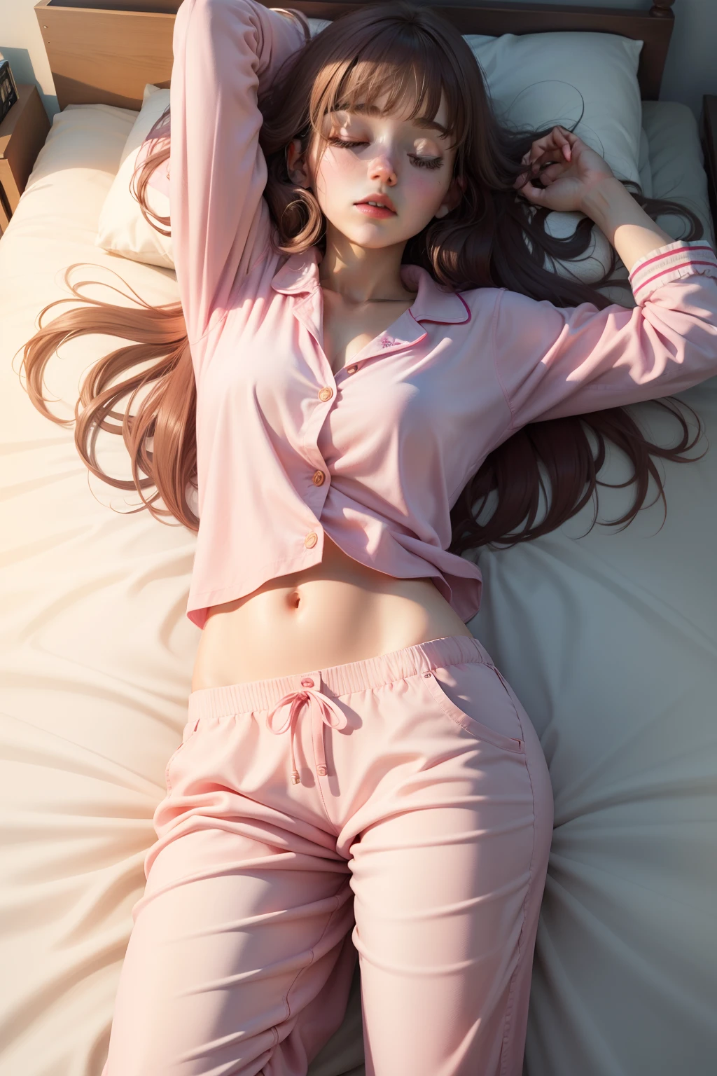 Sleeping girl，22 year old，realisticlying，She wore long trousers，Wearing pink pajamas，brown  hair。leaky belly button，Armpits，