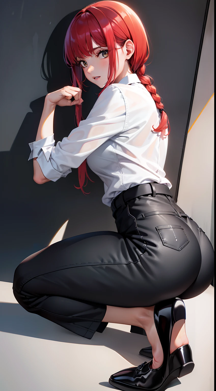 makima \(chainsaw man\), best quality, ultra detailed, 1girl, solo, standing, red hair, long braided hair, golden eyes, bangs, medium breasts, white shirt, necktie, stare, smile, (evil:1.2), looking at viewer, (interview:1.3), (dark background, chains:1.3), sitting, pantyhose, ((1girl)), bottomless, beautiful, masterpiece, best quality, shiny skin,, hand on own ass, ass, looking back, spread ass, SpreadAssMS, nude, makima \(chainsaw man\)