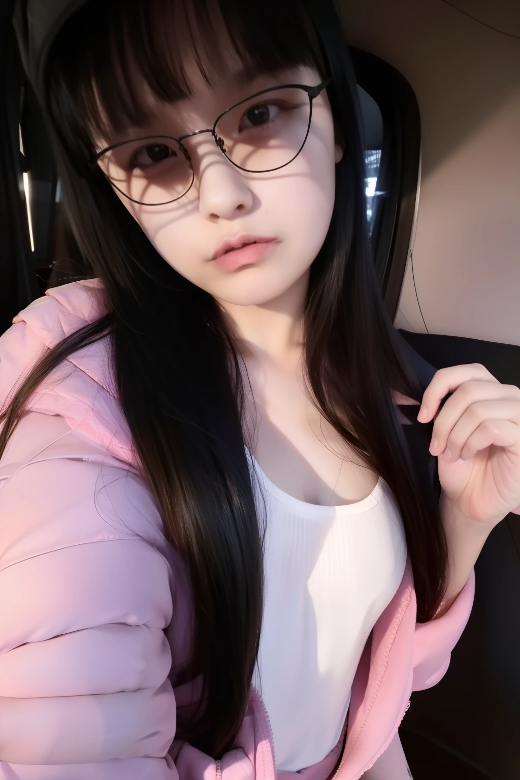tmasterpiece,best qualtiy,(Dark photograph:1.3),realisticlying,1girl,flat bangs,stunning innocent symmetry face,The shirt,Emotional,ulzzang,(PureErosFace_V1:0.7),xiao ya