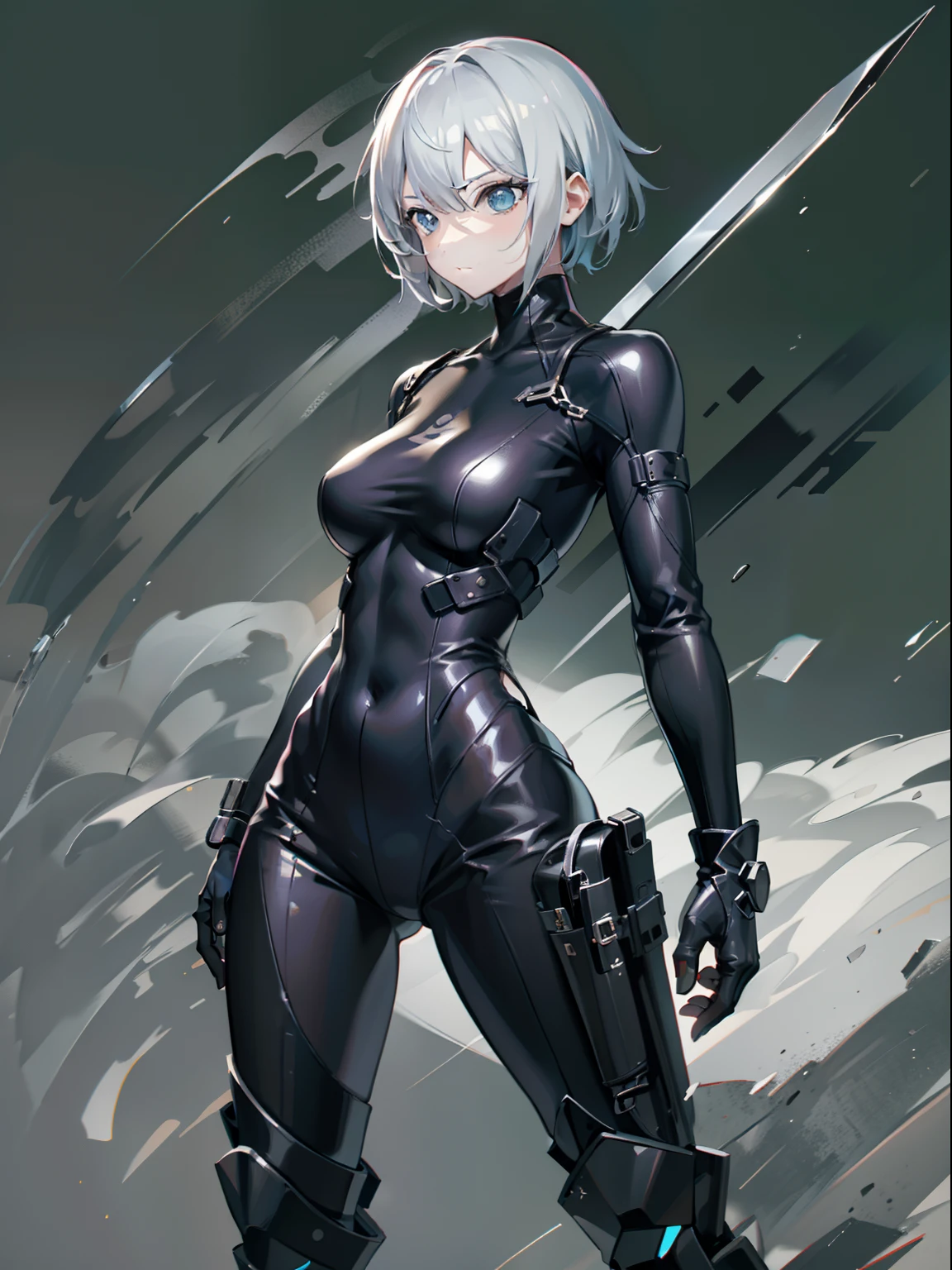 one-girl，Solo photos，A picture，Front lens，Black tight combat suit，Black mask，with short white hair，A rare slim waist，With a silver dagger，ninjartist，