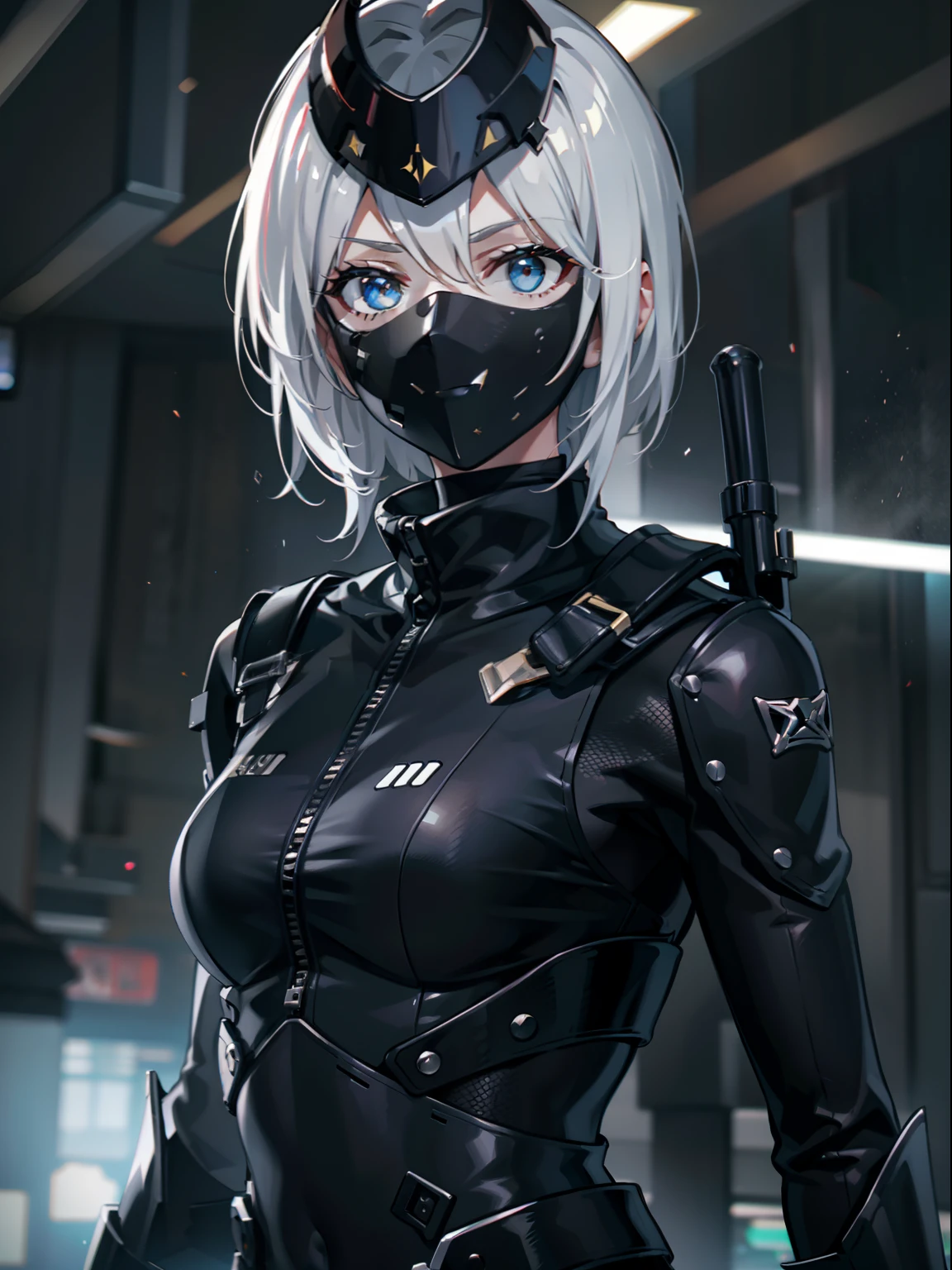 one-girl，Solo photos，A picture，Front lens，Black tight combat suit，Black mask，with short white hair，A rare slim waist，With a silver dagger，ninjartist，