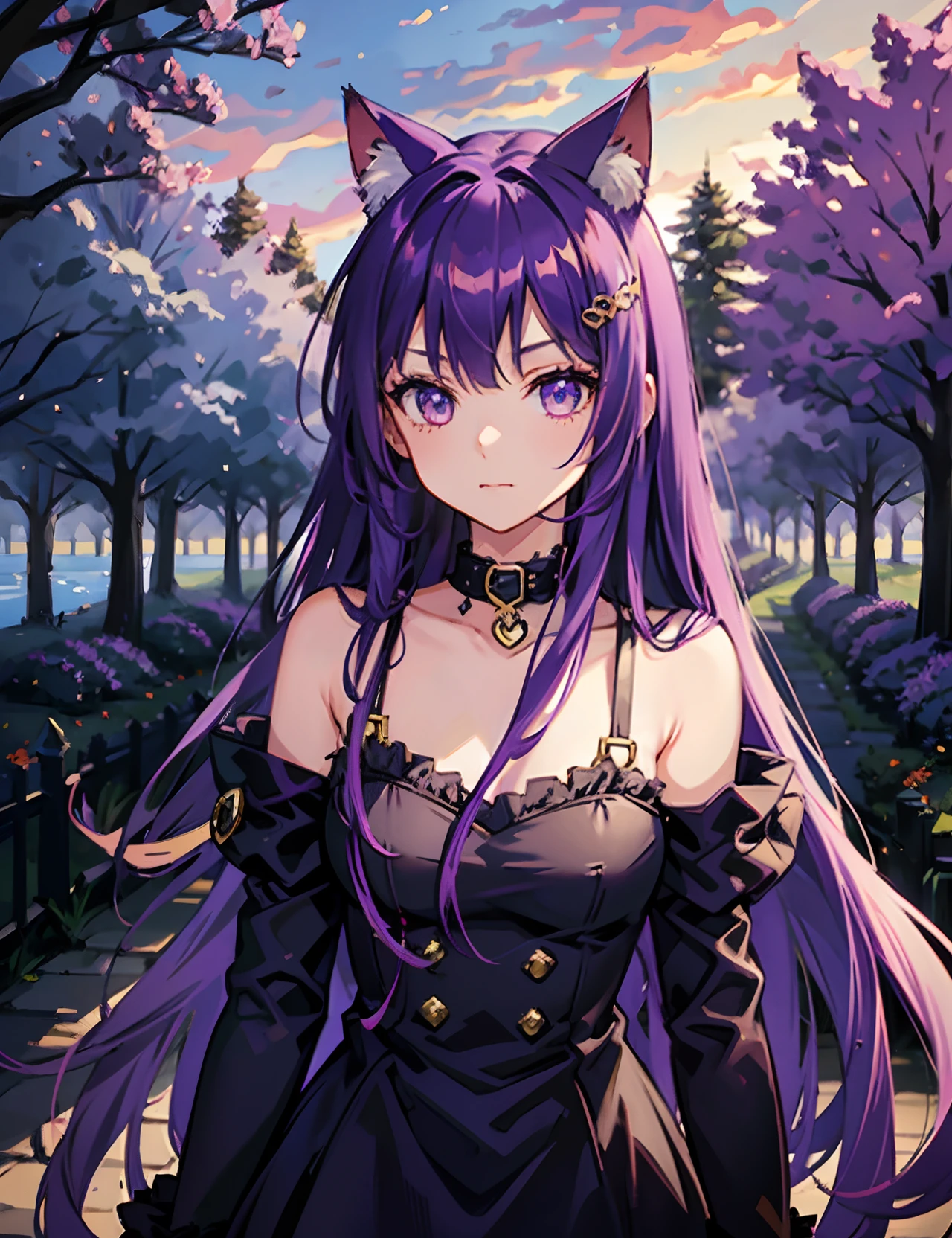 Cheshire Cat, metallic chocker, long hair, medium hair, purple hair, animal ears, cat ears original, 1girl, (solo), scenery, scene, red trees, forest, lake, autumn,