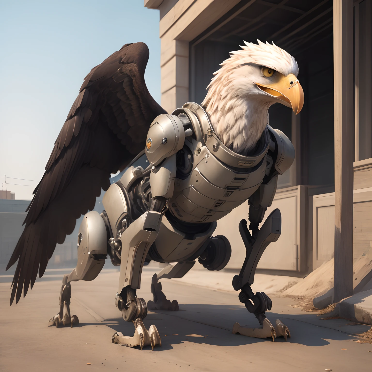 An eagle wearing a mechanically powered exoskeleton