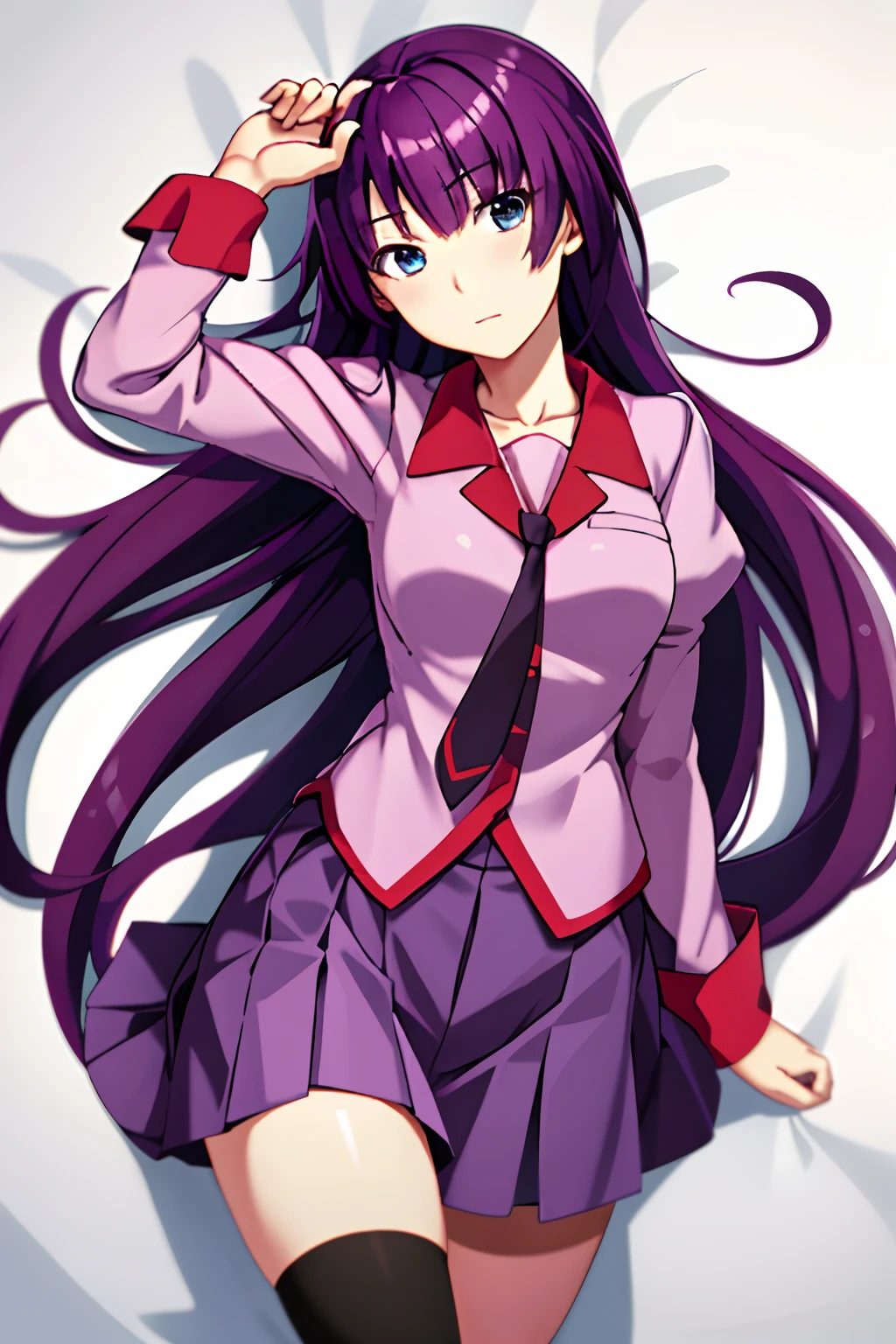 1girll,，Emoji seduction，senjougahara hitagi, Solo, upper legs, Skirt, Long hair, Naoezu High School uniform, Blue eyes, Juliet sleeves, school uniform, Purple hair, shirt, zettai ryouiki, Medium breasts, Very long hair, Purple skirt, Miniskirt，Lie face up on the bed