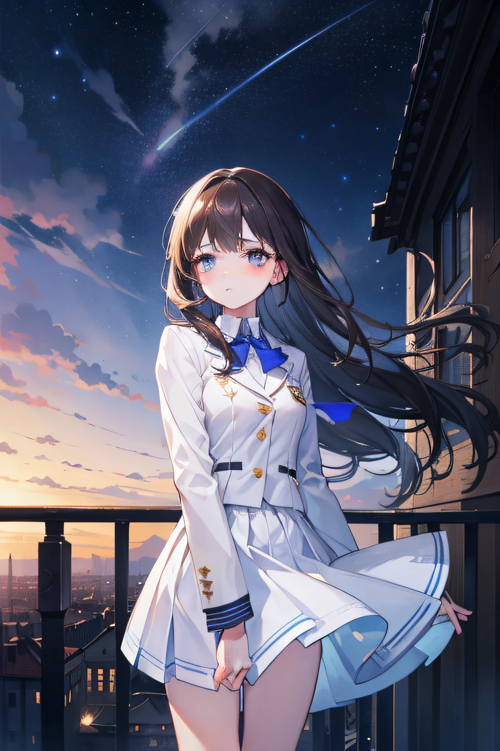 Masterpiece, Best quality, The most meticulous and exquisite, high resolution CG illustration, Fantasy atmosphere, Beautiful and delicate,Standing by the balcony，Wear a white school uniform jacket，Indigo eyes, A melancholy look, Glittering starry sky, gentlesoftlighting,  Romantic, Wind，brunette color hair)
