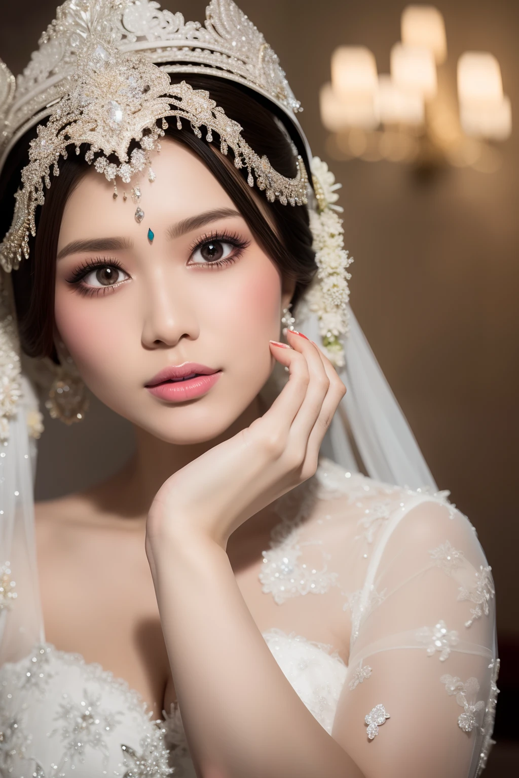 close up of beautiful woman, a sweet mouth, delicate lips, seductive lips, light on the face, dynamic pose, hide hands, pengantin_sunda. Ultra detailed, 8K, HDR, Octane Render, Redshift, Unreal Engine 5. Professionally color graded, atmosphere, amazing depth, rich colors, powerful imagery, psychedelic overtones, 4K, 8K.