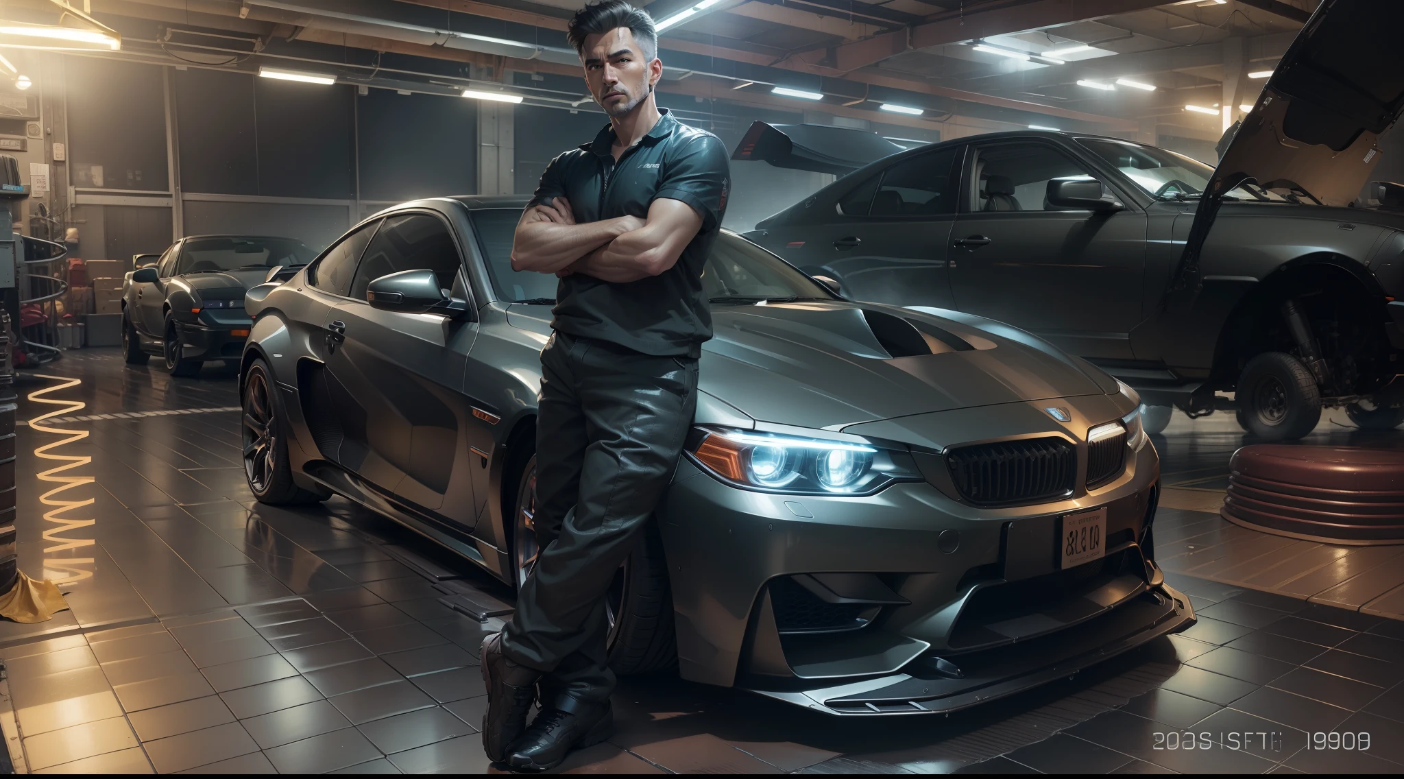 (masterpiece,best quality:1),official art,extremely detailed CG unity 8k wallpaper,illustration, light,car, bright, motor vehicle, ground vehicle, sports car, vehicle focus, wet, indoors, night, flat light,garage, auto shop,1990s \(style\),