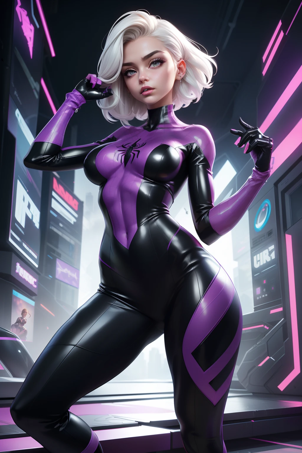 full body picture Unreal Engine 5 8K UHD of beautiful woman，with short white hair，Wearing black and white tight futuristic latex spider woman cosplay，Latex swimwear，Cover little swimwear，latex glove，Wear purple glass，耳Nipple Ring，Piercing of lips Perforated，Modern age city，best qualityer，tmasterpiece，8K UHD wallpaper