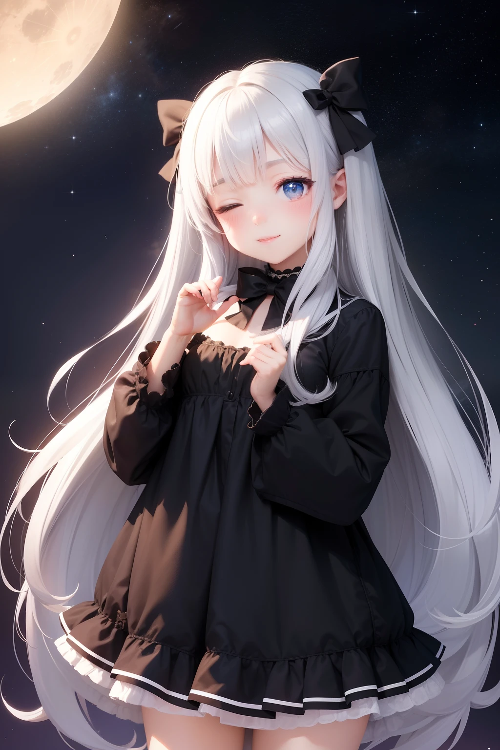 An image is depicted where under the starry night sky, little Kirakira-chan is seen with her eyes half-closed, gently clasping her hands in front of her in a sleepy gesture. Her silver long hair is adorned with a large black ribbon, and her small, adorable face radiates in the light of the stars. At two years old and standing at a height of 70 centimeters, Kirakira-chan wears a charming black and white outfit, accentuating her cuteness. A large star-shaped ornament gleams at her neckline, casting a gentle glow around her. The majority of the image is filled with the expanse of the starry sky, evoking a sense of serene happiness and tranquility. Kirakira-chan looks up at the moon, which is positioned in the upper left corner of the image, and smiles.
