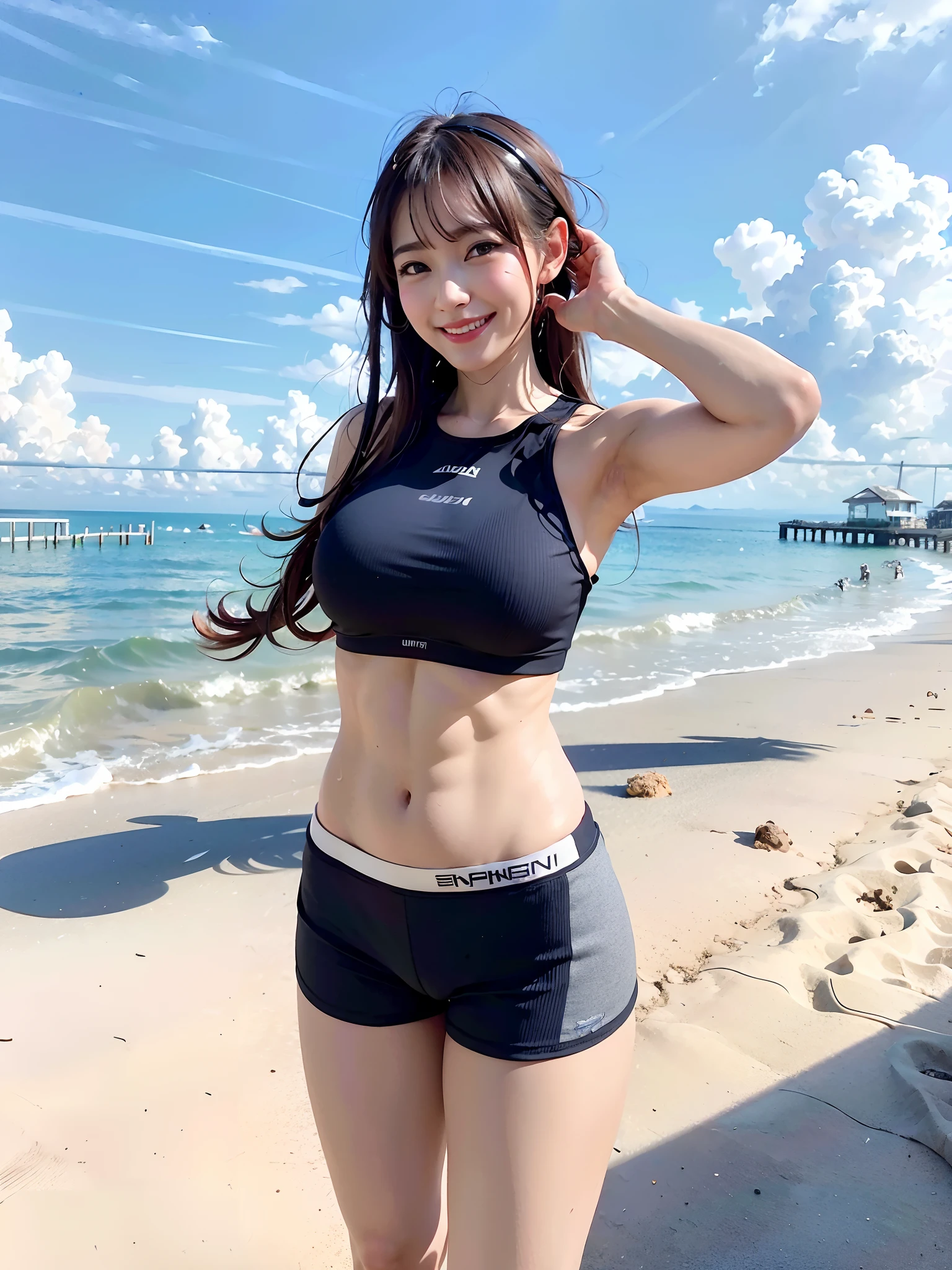 masterpiece, top-quality, Official art ,the Extremely Detailed CG Unity 8K Wallpapers、Bright sun and sea、Pose on the sandy beach、Extremely beautiful face、18yo woman、、Muscle Body、(musculature:1.3), 1girl in、ultra gigantic tits、thin-waist、(Trained abs)、Big buttocks、Enhanced buttocks、Large Thigh、Strengthened legs、Trained shoulders、tall、Mass sweat、Tecali、Splattering sweat、Sweat all over the body、Smiling expression、Looking at the camera、Gray gym shorts、grey leggings、headphones、vascular、The wind is blowing