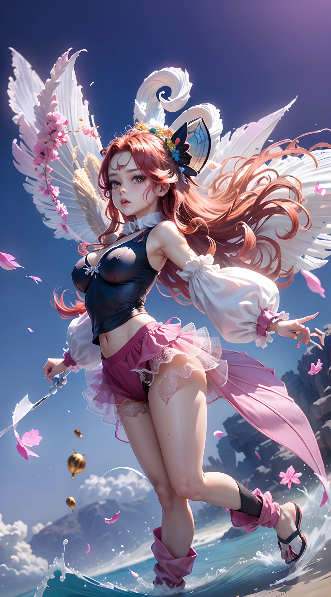 (Masutepiece: 1.3), (maximum resolution: 1.2), (Ultra HDTV: 1.2), cinematic lighting, 8K resolution, Eye and skin detail, detailed facial features, , ( Sharp focus: 1.2）, (Face focus: 1.2) , Perfect style, Beautiful, sharp face, Anatomically accurate, Highly detailed facial structure and skin, Detailed Eyes, Double eyelids, Thin eyebrows, Glitter eyeliner: 1 Natural cheeks, Glossy skin, Fair skin: 1.2, (Lipstick: 1.4), 、 (Shy look: 1.2), Texture detail skin and face , Eye detail, Double eyelids, Natural cheeks, , Glossy lips: 1.4, Protruding cleavage 、（Sperm count: 1.4） (Large thigh sperm count: 1.2）) Blushing 、 embarrassed impatient、frustrated、fear of being stared at, masturbating with knees wide open, masturbating with caresses、yellow underwear、yellow bra, small flower ears All、Thigh sweat、Pants transparent lining、25-year-old woman, neat and clean、Rose red hair、Colored hair、Long hair, Big boobs, Upturned, Standing in the sand, Beach、(Page) Complete bikini Edit): 1.5 ,Red-pink long hair, Seascape, Several coconut trees, big breasts, Butterfly wings made of transparent water, Rabbit on head, White rabbit-shaped hair.
