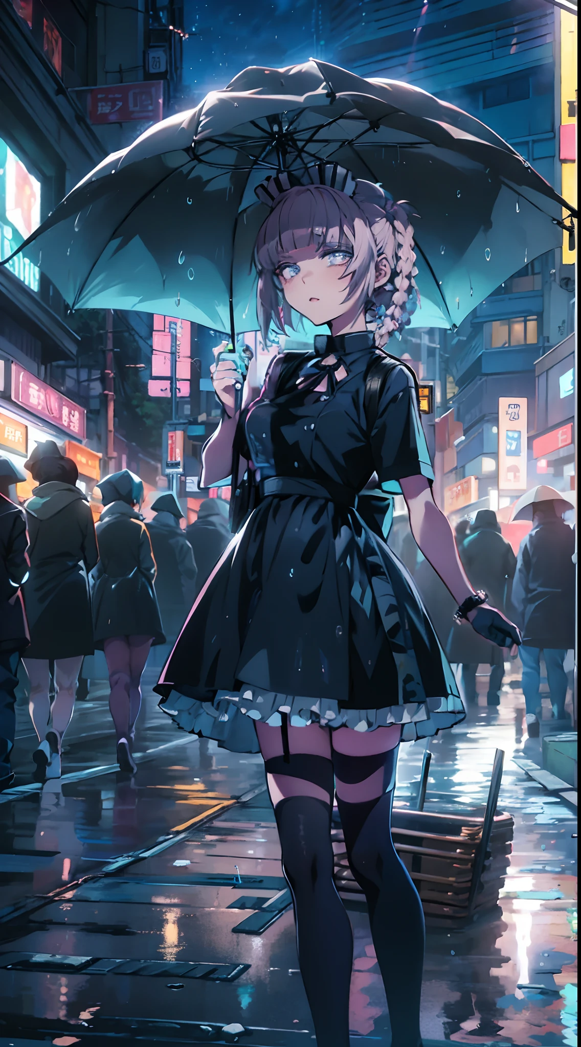 night, colorful cyberpunk city background, rain, street, maid girl, Nazuna Nanakusa,yofukashi no uta, blue eyes, shining eyes, black stockings, backlit, glow, looking up audience, low angle lens, looking up lens, perfect composition, perfect light and shadow delicacy, 8k
