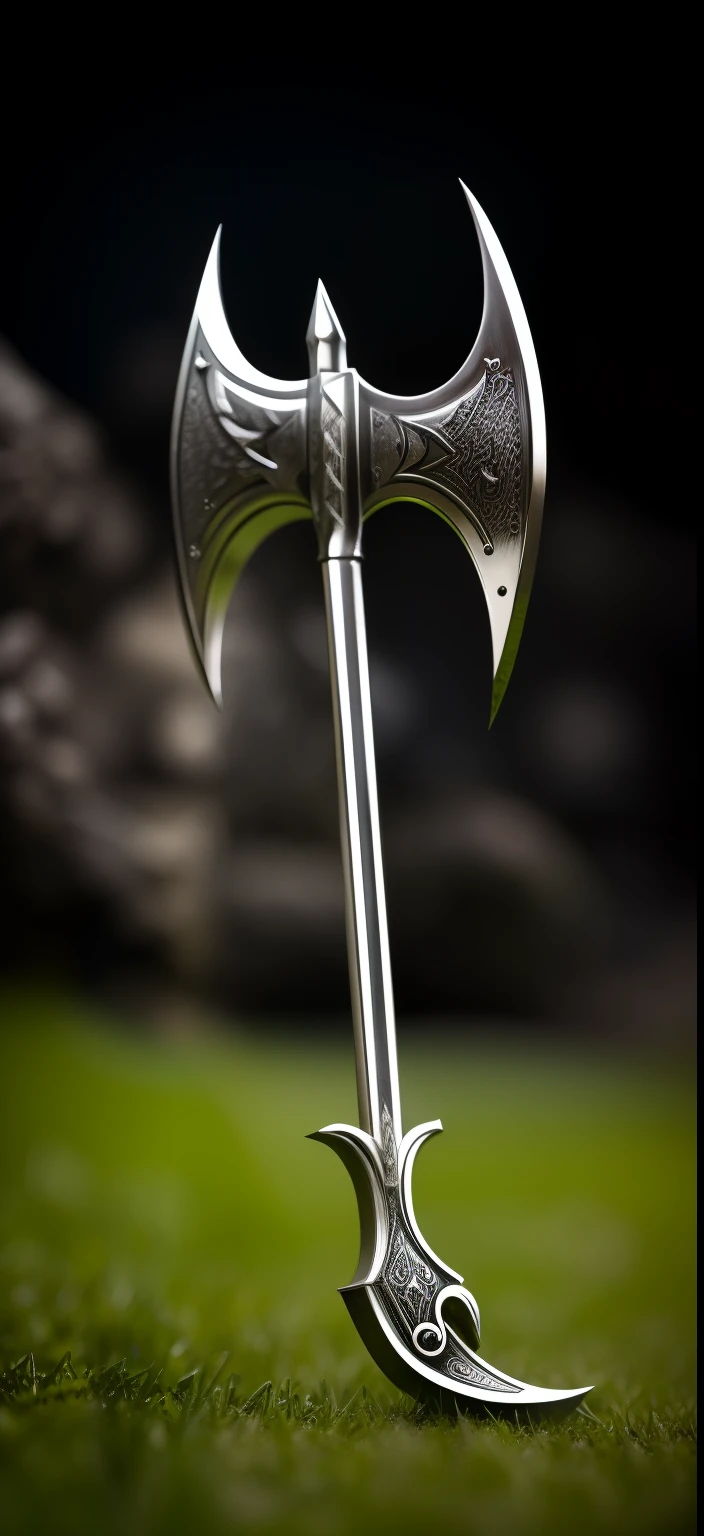 A Medieval battle axe with black metal handle. Details design on axe, ((silver sharp axe) metal handle. Realistic, uhd realistic, 4k graphics. Laid on grass floor, very sharp axe.