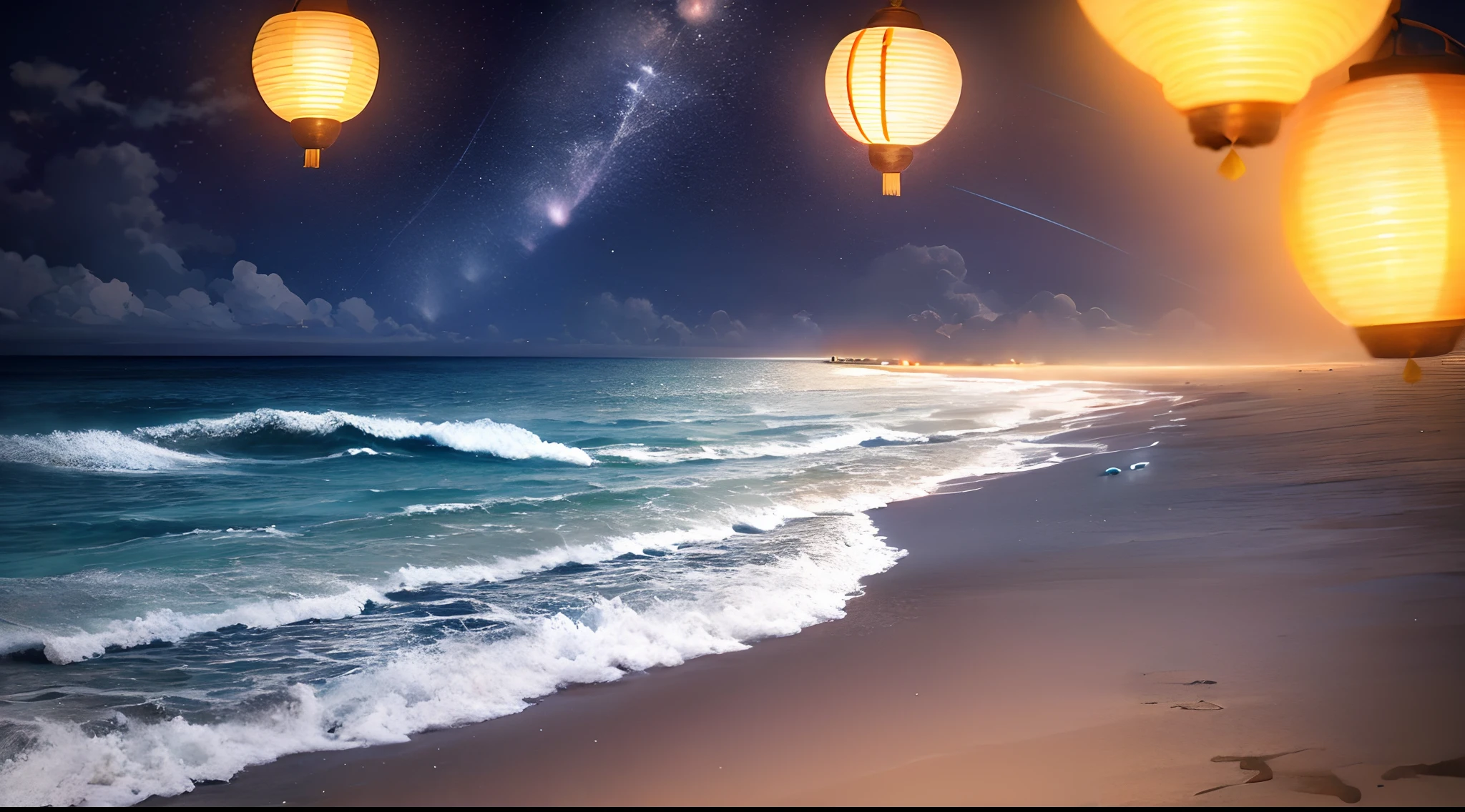 (moonlit night),(on the beach,crashing waves),(dramatic lighting),(silhouettes),(sparkling sand),(peaceful and relaxing atmosphere), Chinese lanterns, Chinese beautiful colourful lanterns