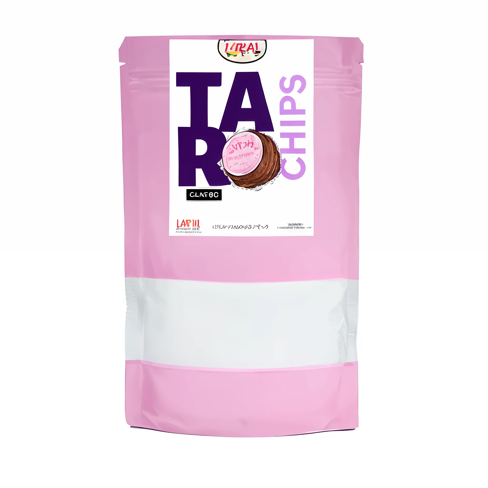 a close up of a bag of food with a pink bag, tataru, lerapi, Bela Tarr, targ nar, chips, larapi, zarya, torri, tar, lepra, crisps, official product image, lush, tastes, product photo, tafy, tans, product image, tarmo juhola, tar - like