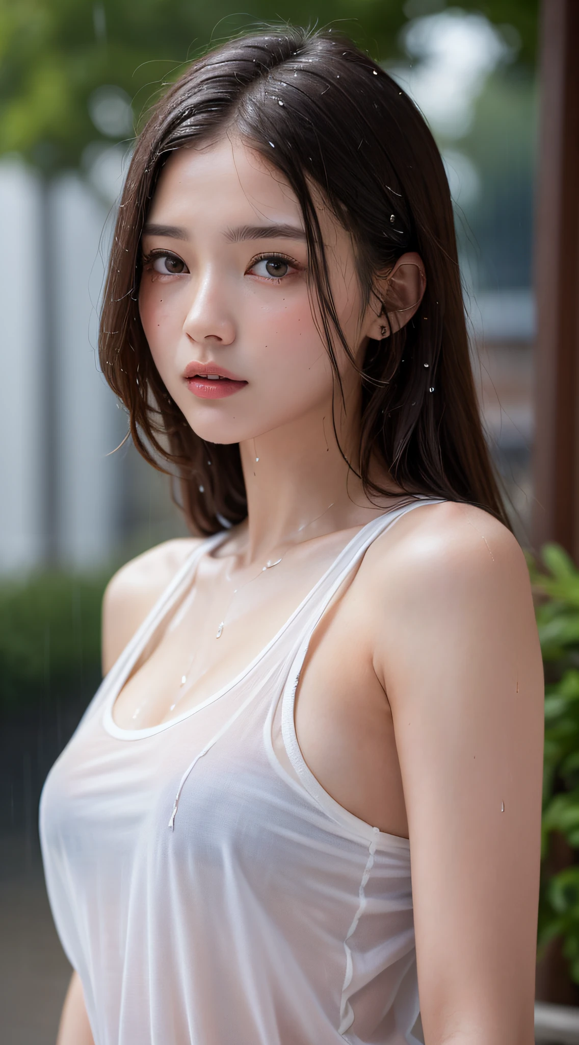 (Best quality, 4k, Masterpiece :1.3), pretty woman, 1girl, sexy :1.1, dark brown hair: 1.1, (rainy wet, wet from rain, wet body :1.2), white tank tops, ultra-detailed face, detailed lips, detailed eyes, double eyelid