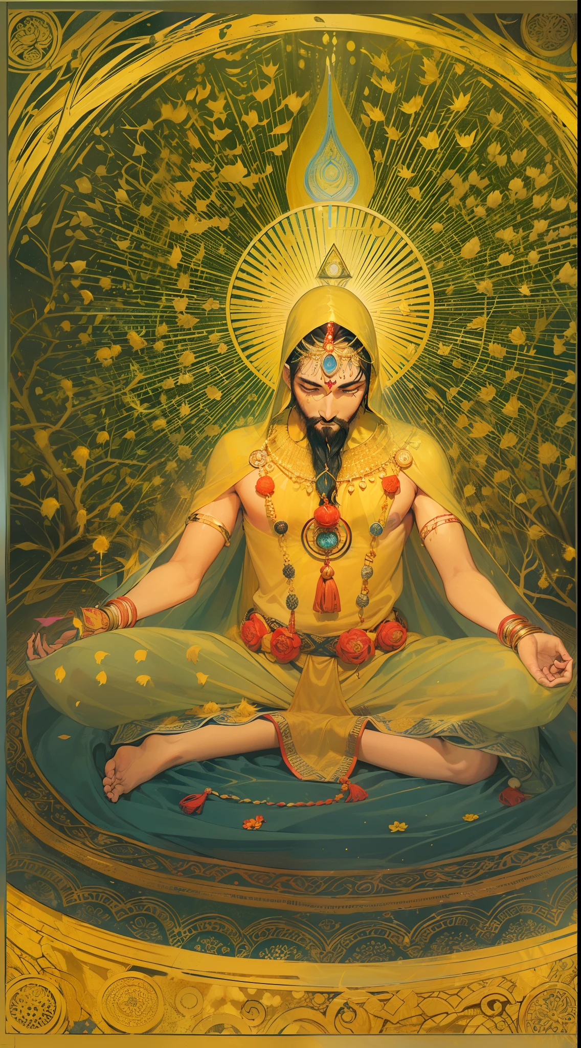 (person meditating cloaked in a yellow aura:1.5), incorporate symbolic elements representing the solar plexus chakra, manipura, downward-pointing red triangle, signifying the tattva of fire, within a bright yellow circle, with 10 dark-blue or black petals like heavily laden rain clouds,The seed mantra is the syllable 'रं' (ram). Within the bindu, or dot, above this mantra resides the deity रुद्र Rudra. He is red or white, with three eyes, of ancient aspect with a silver beard, and is smeared with white ashes.., using vibrant, ethereal yellow shades and colors