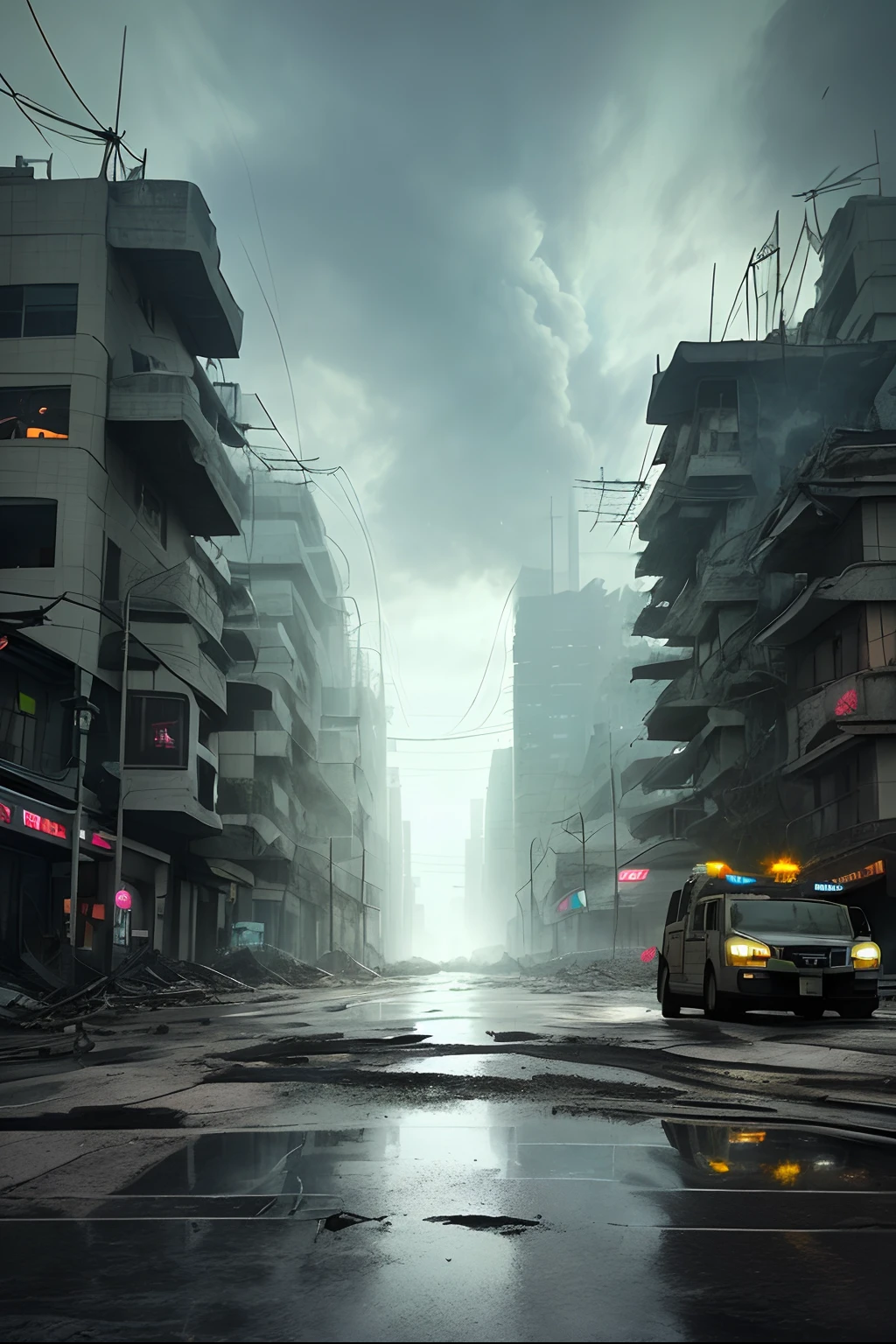 Post-apocalyptic futuristic city，shattered crystal spires，Rubble-strewn streets，broken machanical，（（binh）），（（armored car）），dark cloude，Night under heavy rain，，Heavy fog，salama，There are large water stains on the ground，Vines on the windows of the house，Grows from cracks in the walls，There was a fire in the distance，looking down on the camera，{com cores neutras：0.5}，Dim picture effect，cinema shot，the complex background，Old times, ((Masterpiece: 1.3)), 8K