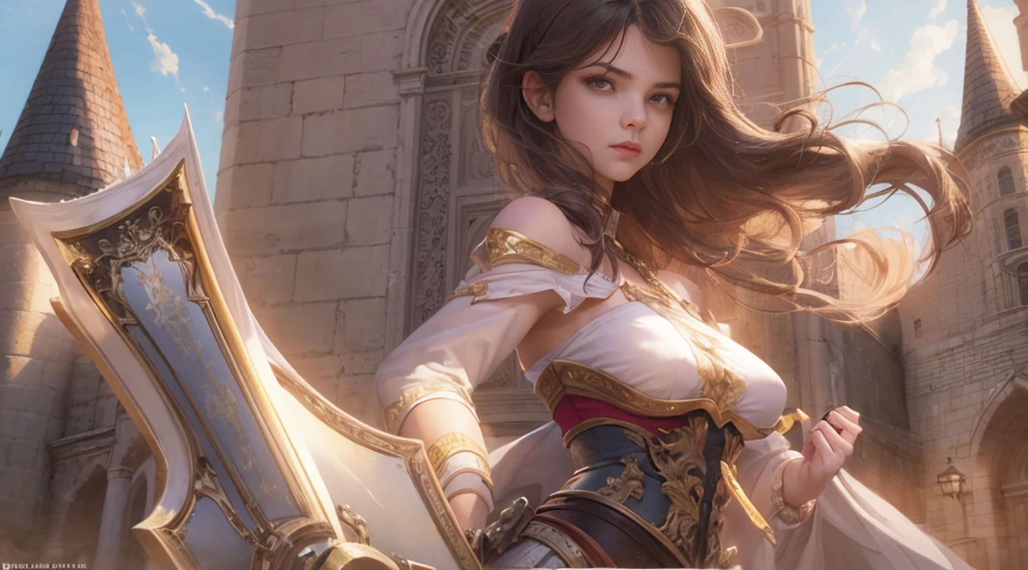 Anita, best quality, (beauty), 1 girl, render based on physics, narrow waist, thin, big eyes, long legs, (small breasts), swollen eyes, facing the castle, late afternoon, (sunset), facing the viewer, fighting posture, (holding a sword and shield), firm expression, --auto
