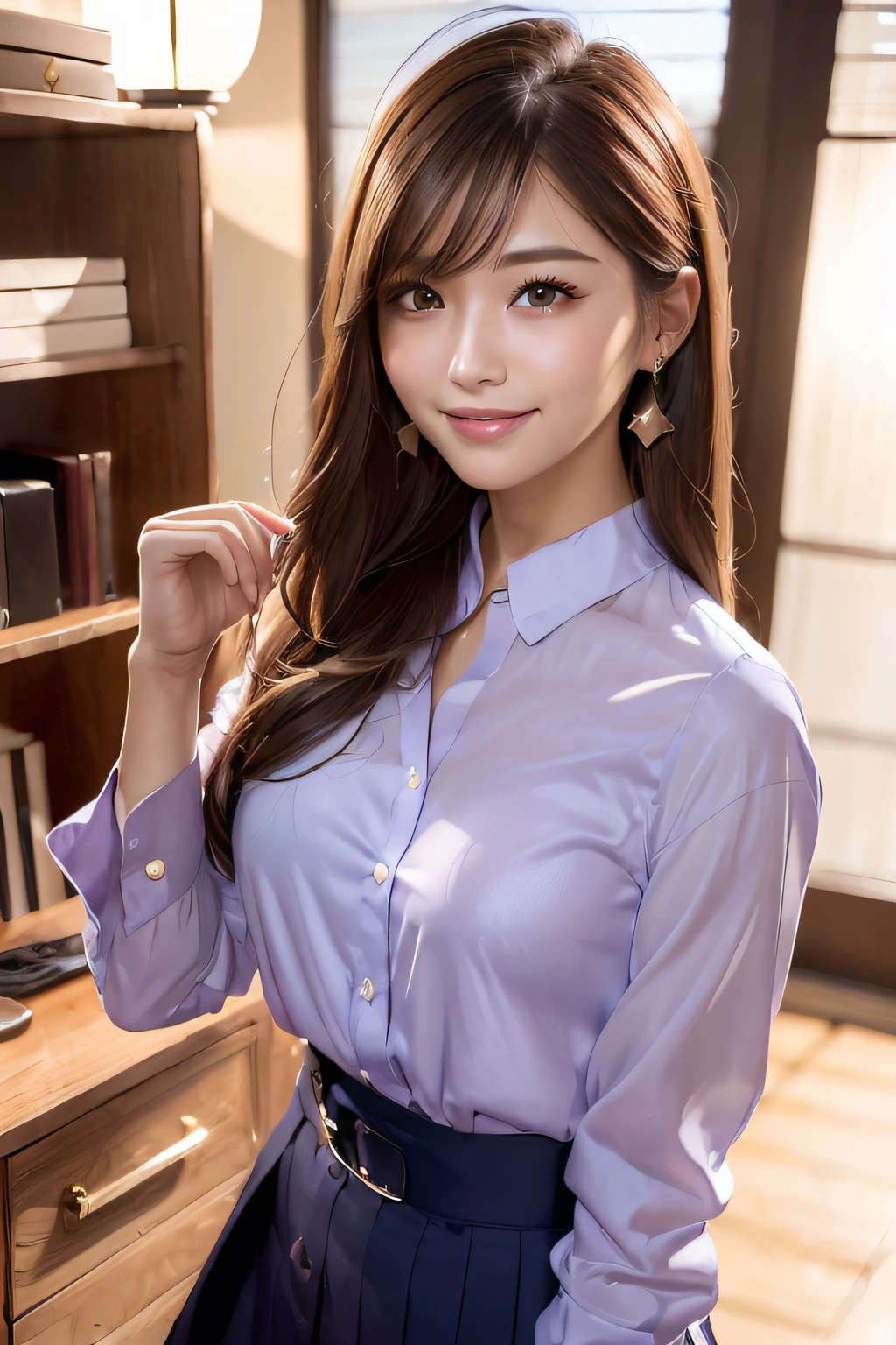 first-person-view, (masterpiece:1.3), high resolution, ultra detailed, extremely detailed CG unity 8k wallpaper, realistic, photo-realistic, RAW photo, beautiful detailed face, pale skin, realistic glistening skin, detailed cloth texture, detailed hair texture, Perfect body, Beautiful Face, accurate, Anatomically correct, Highly detailed face and skin texture, natural neck length, (beautiful hands), (fair skin:1.2), Thin legs, Thin feet, 
BREAK, 
Detailed eyes, symmetric eyes, Light Brown eyes, Double eyelids, Thin eyebrows, (Glossy lips:1.4), ((gently smile:1.2)), (blush:1.1),
BREAK, 
(A Classy and Cute girl:1.3), (wearing a classy (Light Purple) Button shirt:1.2), ((Navy:1.2) long irregular hem skirt:1.2), close the button, (long skirt), 
medium breasts, (slender figure:1.1), firm abs, beautiful clavicle, 
(Dark blonde hair, wavy hair, long hair:1.2), ((asymmetrical bangs:1.2)), 
BREAK, 
((Guts pose:1.3))
((in the modern office of Japan)), (Cowboy shot:1.2), looking at viewer, view from slightly below,