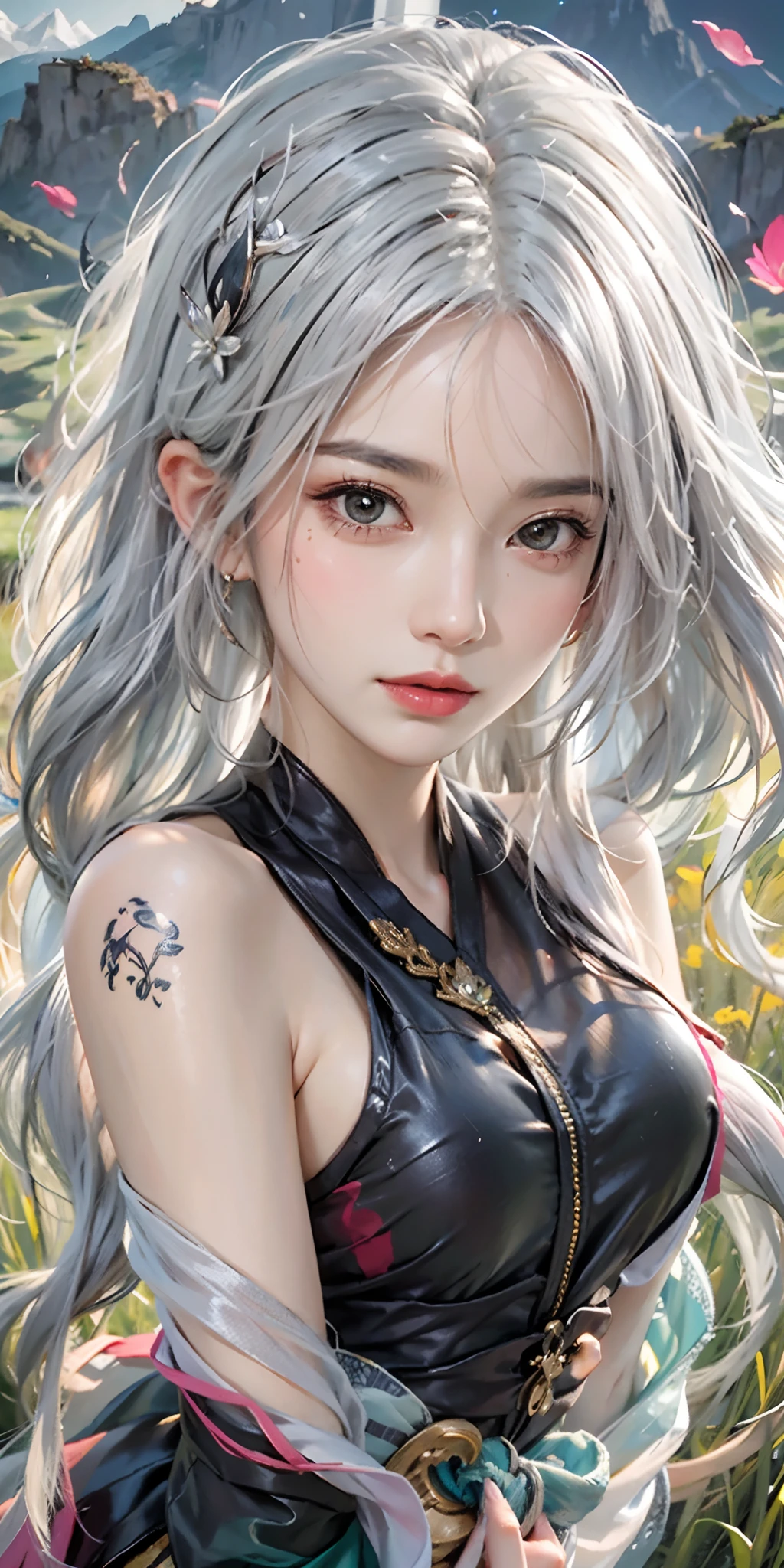 photorealistic, high resolution, soft light,1women, solo, hips up, (detailed face),tattoo, jewelry, shiny hair, long hair,hair_ornament,hair_between_eyes, long_hair, (silver_hair:1.2),bangs, genshin impact, shenhe \(genshin impact\), Shenhe \(genshin impact\), grass field, mountains background, Shenhe, character \(series\)