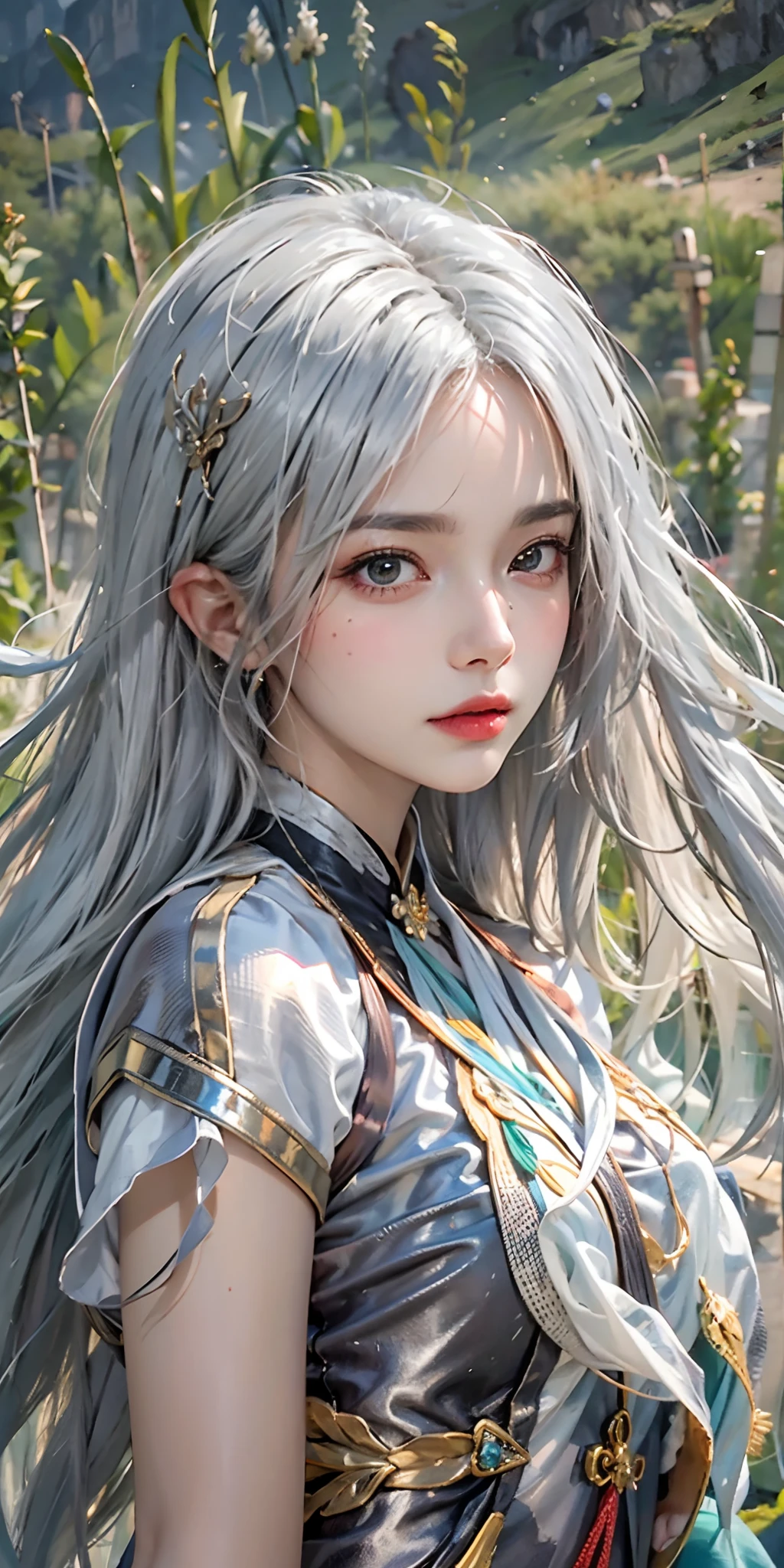 photorealistic, high resolution, soft light,1women, solo, hips up, (detailed face),tattoo, jewelry, shiny hair, long hair,hair_ornament,hair_between_eyes, long_hair, (silver_hair:1.2),bangs, genshin impact, shenhe \(genshin impact\), Shenhe \(genshin impact\), grass field, mountains background, Shenhe, character \(series\)