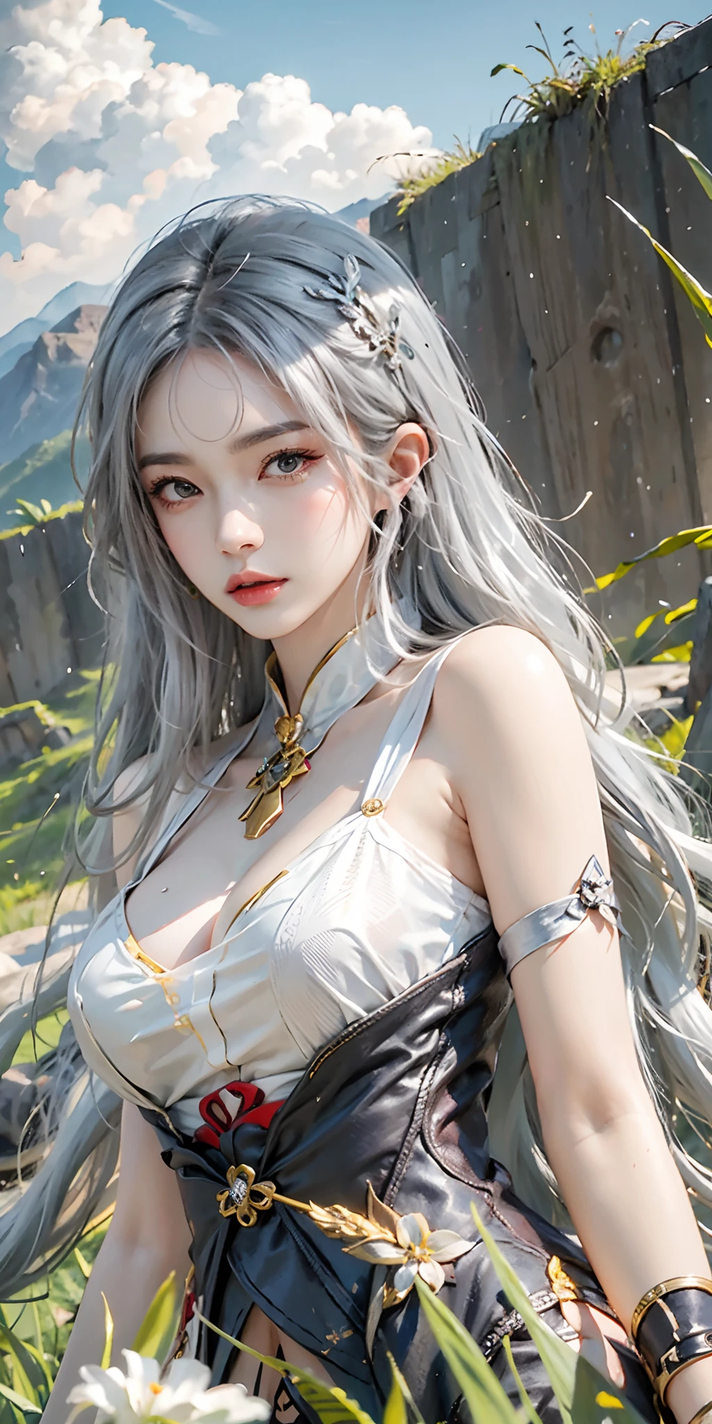 photorealistic, high resolution, soft light,1women, solo, hips up, (detailed face),tattoo, jewelry, shiny hair, long hair,hair_ornament,hair_between_eyes, long_hair, (silver_hair:1.2),bangs, genshin impact, shenhe \(genshin impact\), Shenhe \(genshin impact\), grass field, mountains background, Shenhe, character \(series\)