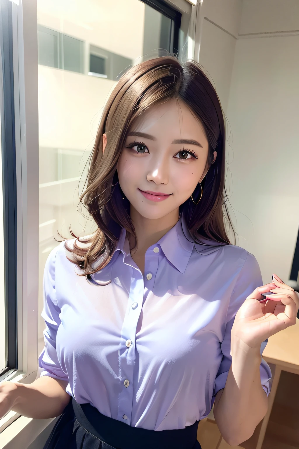 first-person-view, (masterpiece:1.3), high resolution, ultra detailed, extremely detailed CG unity 8k wallpaper, realistic, photo-realistic, RAW photo, beautiful detailed face, pale skin, realistic glistening skin, detailed cloth texture, detailed hair texture, Perfect body, Beautiful Face, accurate, Anatomically correct, Highly detailed face and skin texture, natural neck length, (beautiful hands), (fair skin:1.2), Thin legs, Thin feet,
BREAK,
Detailed eyes, symmetric eyes, Light Brown eyes, Double eyelids, Thin eyebrows, (Glossy lips:1.4), ((gently smile:1.2)), (blush:1.1),
BREAK,
(A Classy and Cute girl:1.3), (wearing a classy (Light Purple) Button shirt:1.2), (Navy long irregular hem skirt:1.2), close the button, (long skirt),
medium breasts, (slender figure:1.1), firm abs, beautiful clavicle,
(Dark blonde hair, wavy hair, long hair:1.2), ((asymmetrical bangs:1.2)),
BREAK,
((Guts pose:1.3))
((in the modern office of Japan)), (Cowboy shot:1.2), looking at viewer, view from slightly below,