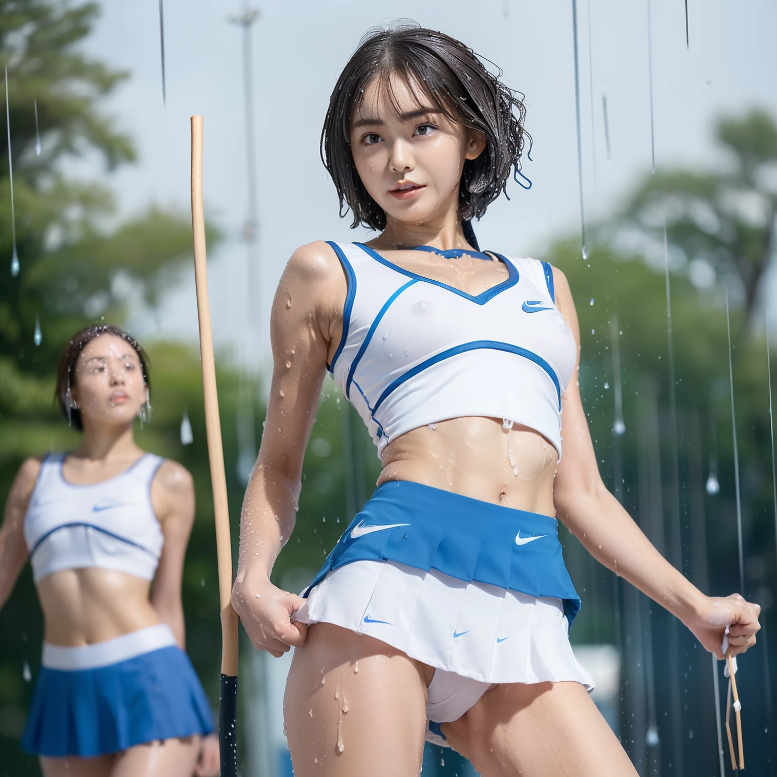 (3 girls:1.2), (a detailed full-body RAW photo of a girl), (masutepiece:1.0), (Best Quality:1.4), (超A high resolution:1.2), (Photorealistic:1.4), 8K resolution, Canon EOS R5, 50mm, absurderes, ultra-detailliert, (20 year old), Sharp Focus, Cinematic lighting, Detailed beautiful face, (no-makeup:1.2), (ulzzang -6500-v1.1), petite figure, Detailed skin texture, flat chest, (skinny and fit body:1.6), Detailed brown hair, sweltering,(Very short hair:1.5), (Very thin fit blue and white nike short cheerleader uniform:1.5), (tight mini skirts:1.3), (tube top:1.3), (See-through:1.2), realistic glistening skin, (Sweating:1.3), detailed texture, (Japan athletes:1.5), (flat chest:1.5), (nobra:1.2), (Erect nipples:1.3), (Wet body:1.5), (wet uniform:1.5), (rain:1.5), (stick out hips and spread crotch:1.5), (Face the front:1.5), (from below:1.5), (cameltoe:1.3), nsfw, (upskirts:1.5), (suntan:1.5)