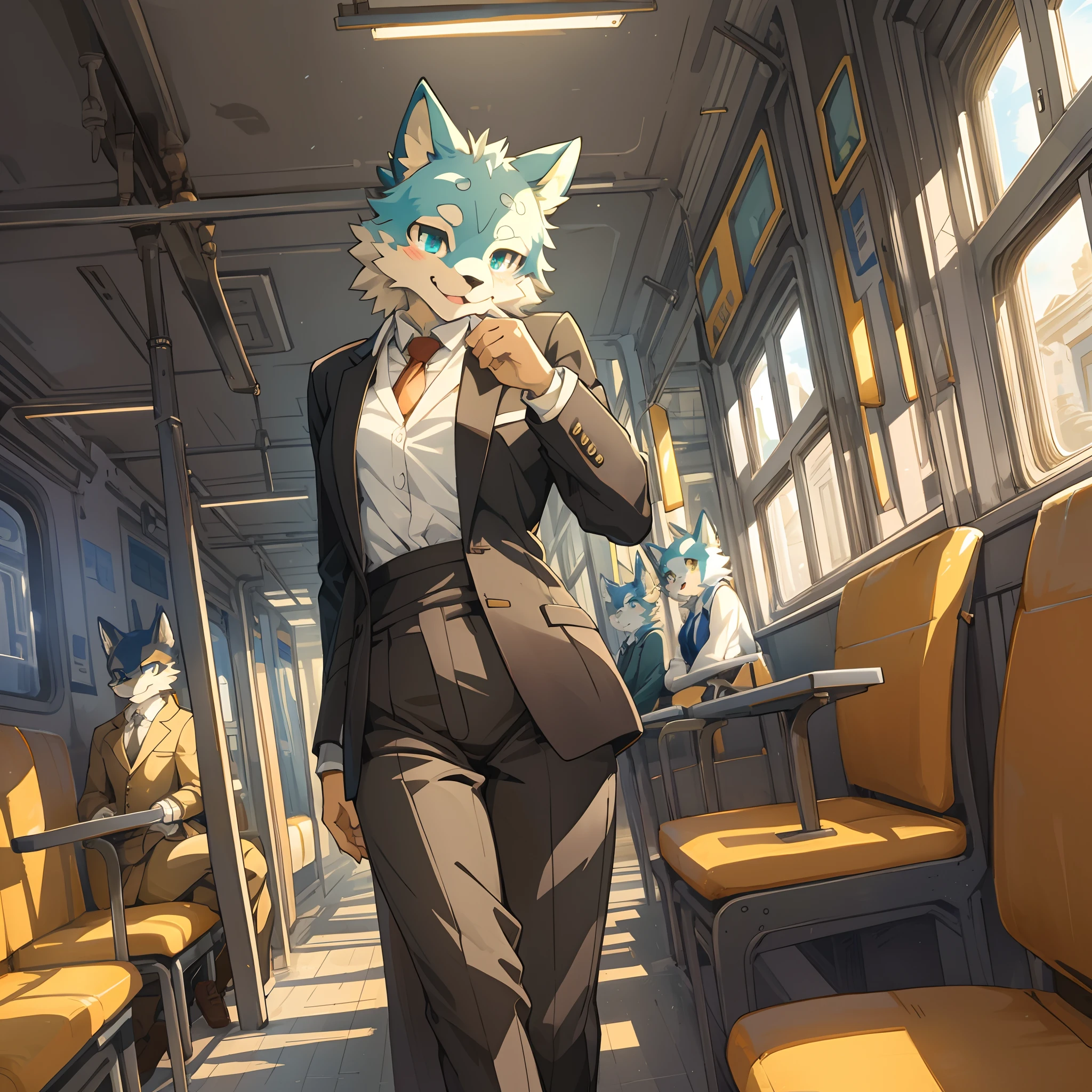 top quality, best quality, High-quality illustrations, masterpiece, super high resolution, detailed background, train interior, salary, suits, student, standing, sitting, 6+boys, 6+girls, absurdres(highly detailed beautiful face and eyes)perfect anatomy, expression, good lighting, cinematic shadow(kemono, furry anthro)assorted poses, dynamic angle,