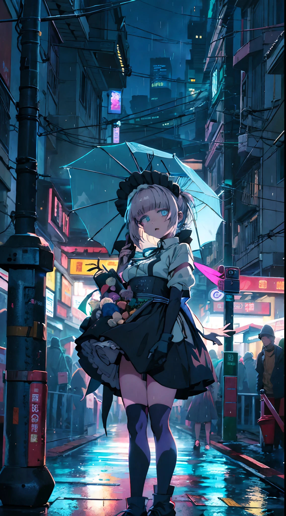 night, colorful cyberpunk city background, rain, street, maid girl, Nazuna Nanakusa,yofukashi no uta, blue eyes, shining eyes, black stockings, backlit, glow, looking up audience, low angle lens, looking up lens, perfect composition, perfect light and shadow delicacy, 8k