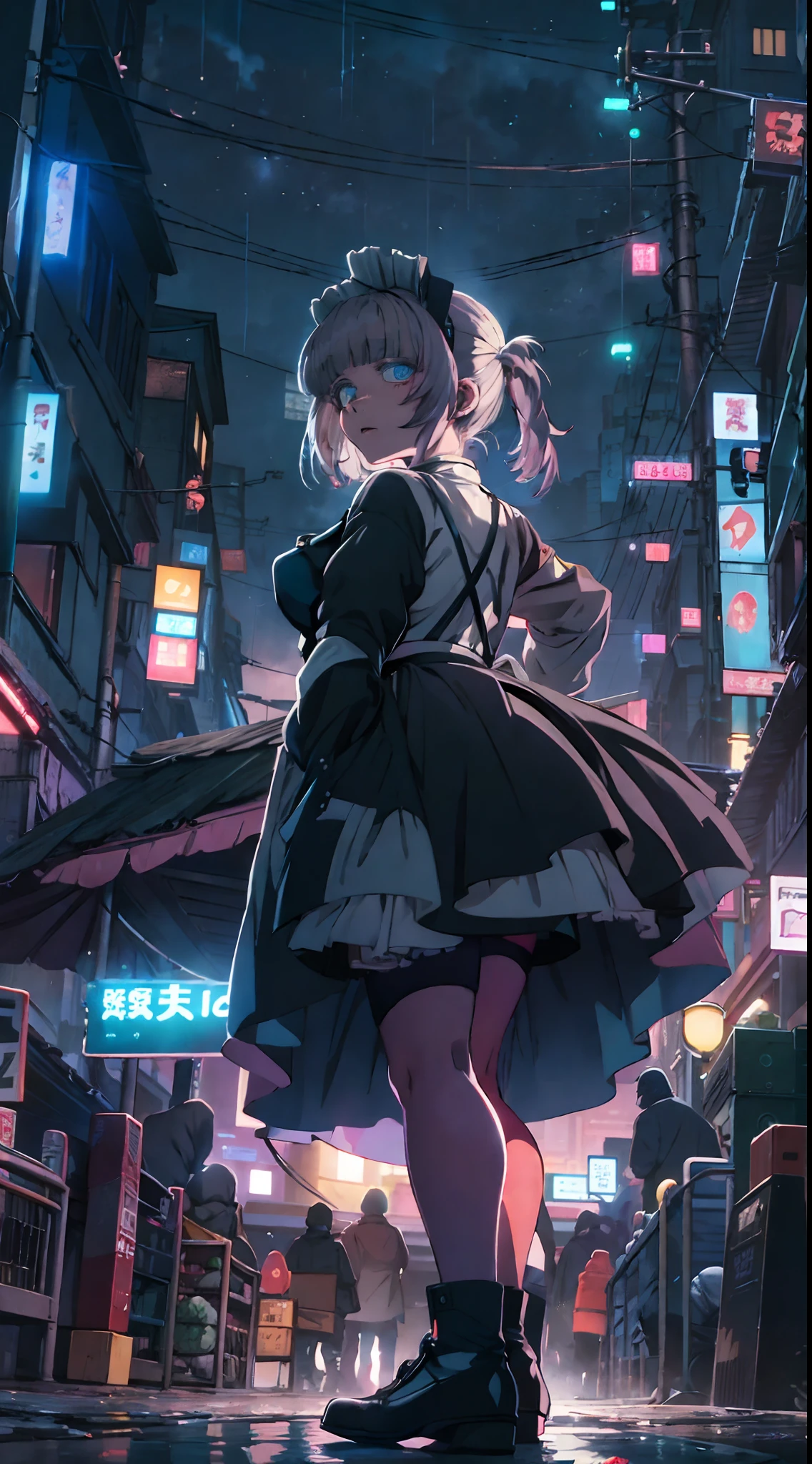 night, colorful cyberpunk city background, rain, street, maid girl, Nazuna Nanakusa,yofukashi no uta, blue eyes, shining eyes, black stockings, backlit, glow, looking up audience, low angle lens, looking up lens, perfect composition, perfect light and shadow delicacy, 8k