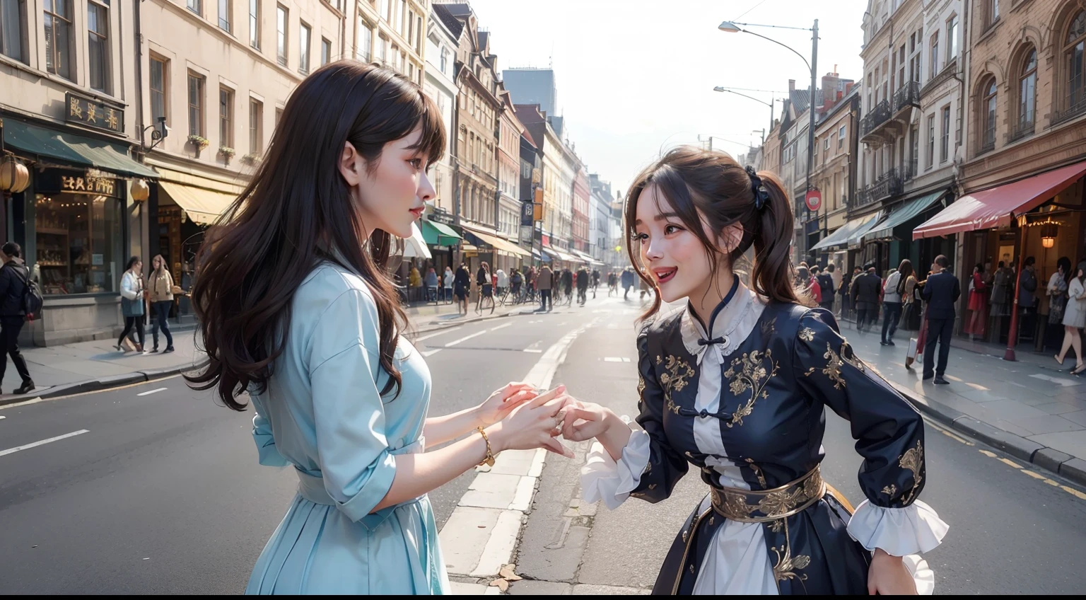 (realisitic,Photorealsitic:1.4),(1 Beauty:1.3),(beautiful countenance:1.5),Detailed shiny skin,A detailed eye,Precise hands and fingers,8K HDR, , masterpiece, (Dynamic angle footage),电影灯光, Finely drawn backgrounds,Beautiful Chinese,Summer clothes,brown haired,Hair with a lot of frills,London,City center,Leaning,great laughter,