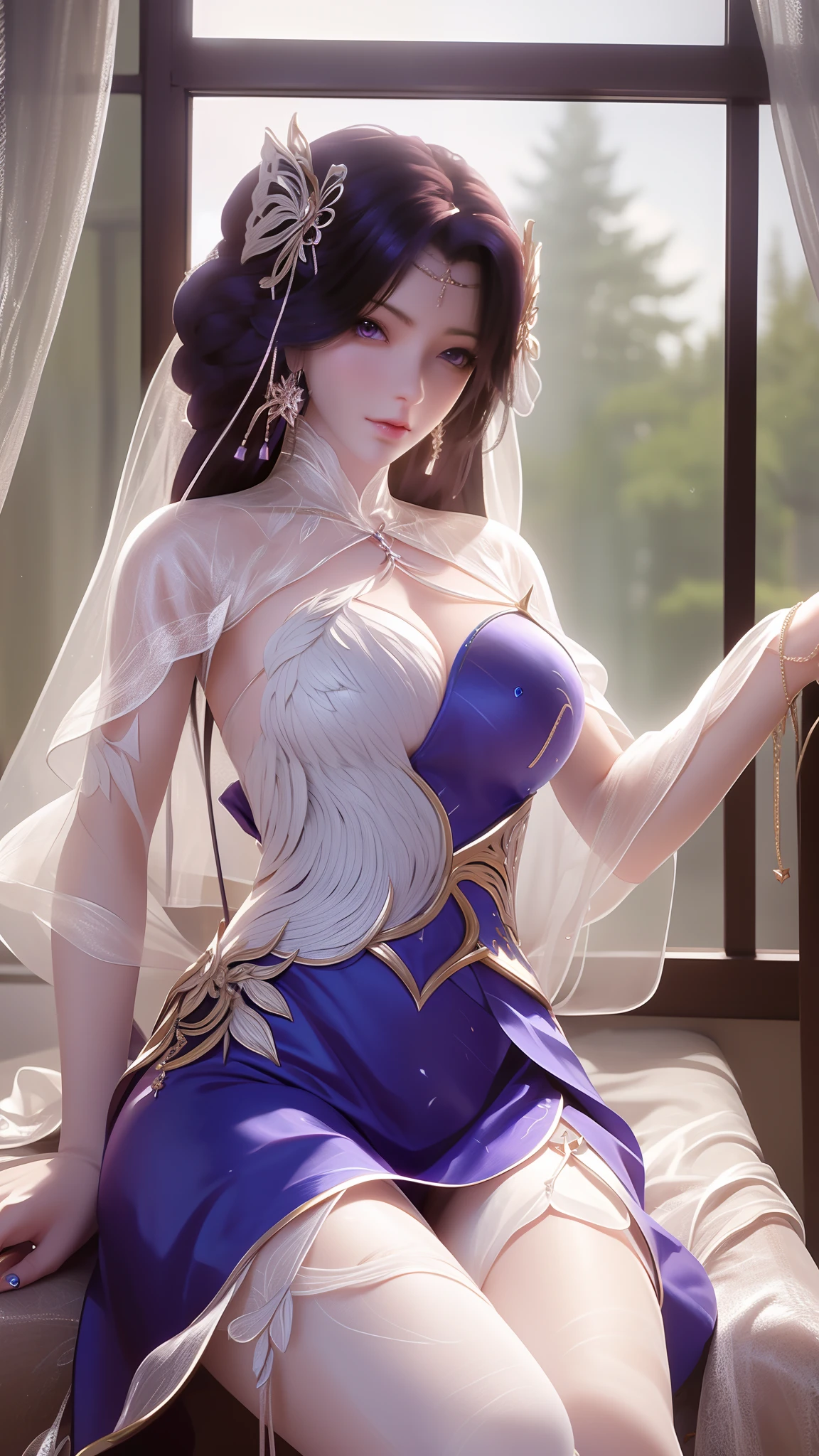 Arad woman in blue dress sitting on windowsill, cute anime waifu in a nice dress, trending on cgstation, 8K high quality detailed art, anime barbie in white stockings, highly detailed exquisite fanart, Extremely detailed Artgerm, the anime girl is crouching, flowing magical robe, beautiful and seductive anime woman, WLOP and Sakimichan