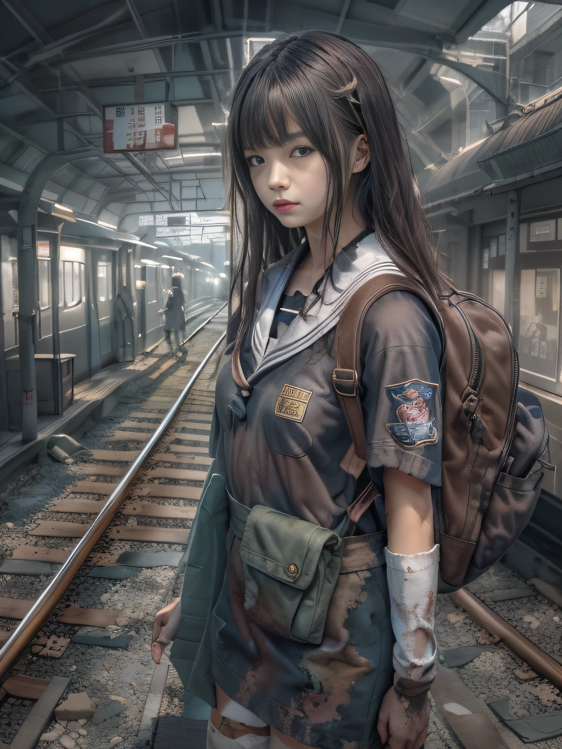 nffsw, retinas, masutepiece, ccurate, Anatomically correct, Textured skin, Super Detail, high details, High quality, awardwinning, Best Quality, hight resolution, 8K,In post-apocalyptic art、Drawn Alafed station and station with trains「Tokyo with railroad tracks」Represented the apocalyptic world of、Painting scenes with dilapidated spaces and apocalyptic landscapes。Tokyo's post-apocalyptic city、It blends hellish landscapes with apocalyptic environments,Station platform,There is a girl in a big backpack and sailor suit,Straight hair, Shiny hair, Medium Hair, bob cuts,