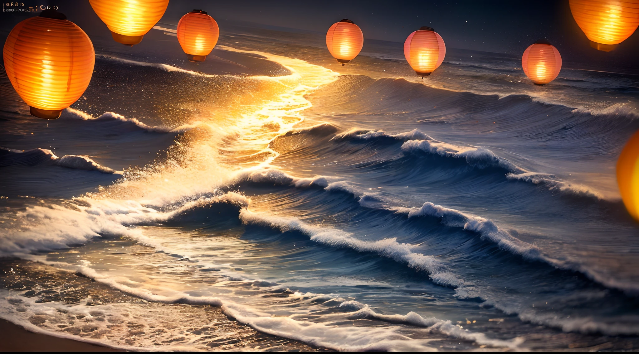 (moonlit night),(on the beach,crashing waves),(dramatic lighting),(silhouettes),(sparkling sand),(peaceful and relaxing atmosphere), 100s of Chinese lanterns, lots of Chinese beautiful colourful lanterns, huge moon