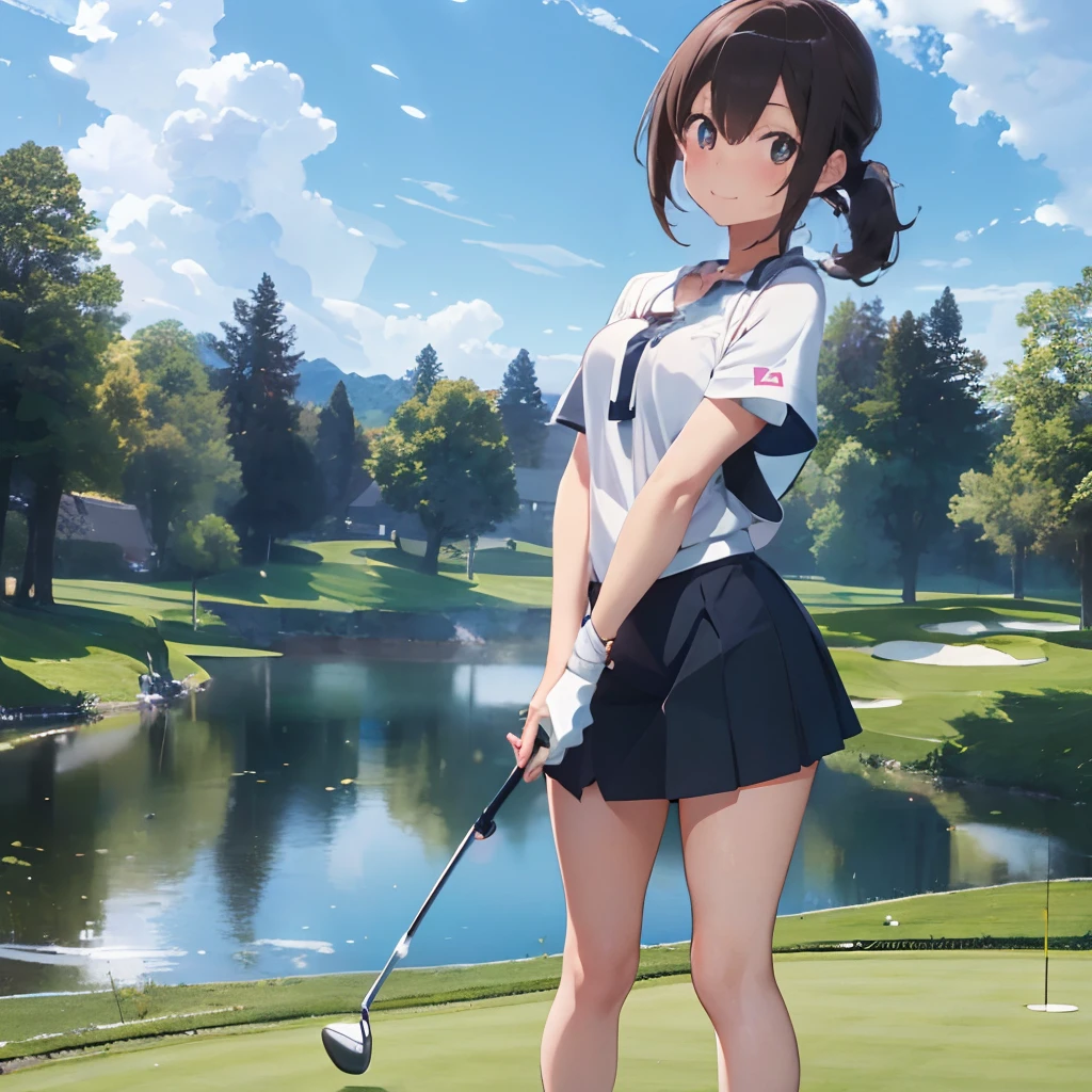 masutepiece, Best Quality, 8K_Wallpaper, (Beautiful eyes), ((Cute)), Cute, (lovely), (Golf course on a sunny day),1girl in,small tits,1 schoolgirl,Standing Girl,Smile,facial close-up、portlate(((Playing golf)))、(((There is a pond in front of you)))、((Golf Wear))