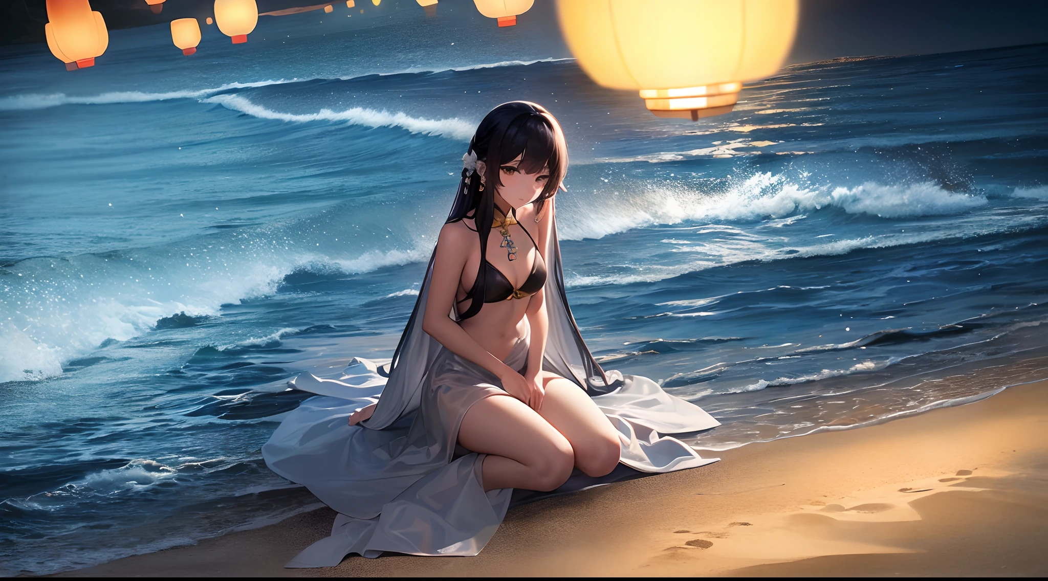 (moonlit night),(on the beach,crashing waves),(dramatic lighting),(silhouettes),(sparkling sand),(peaceful and relaxing atmosphere), 100s of Chinese lanterns, lots of Chinese beautiful colourful lanterns, huge moon
