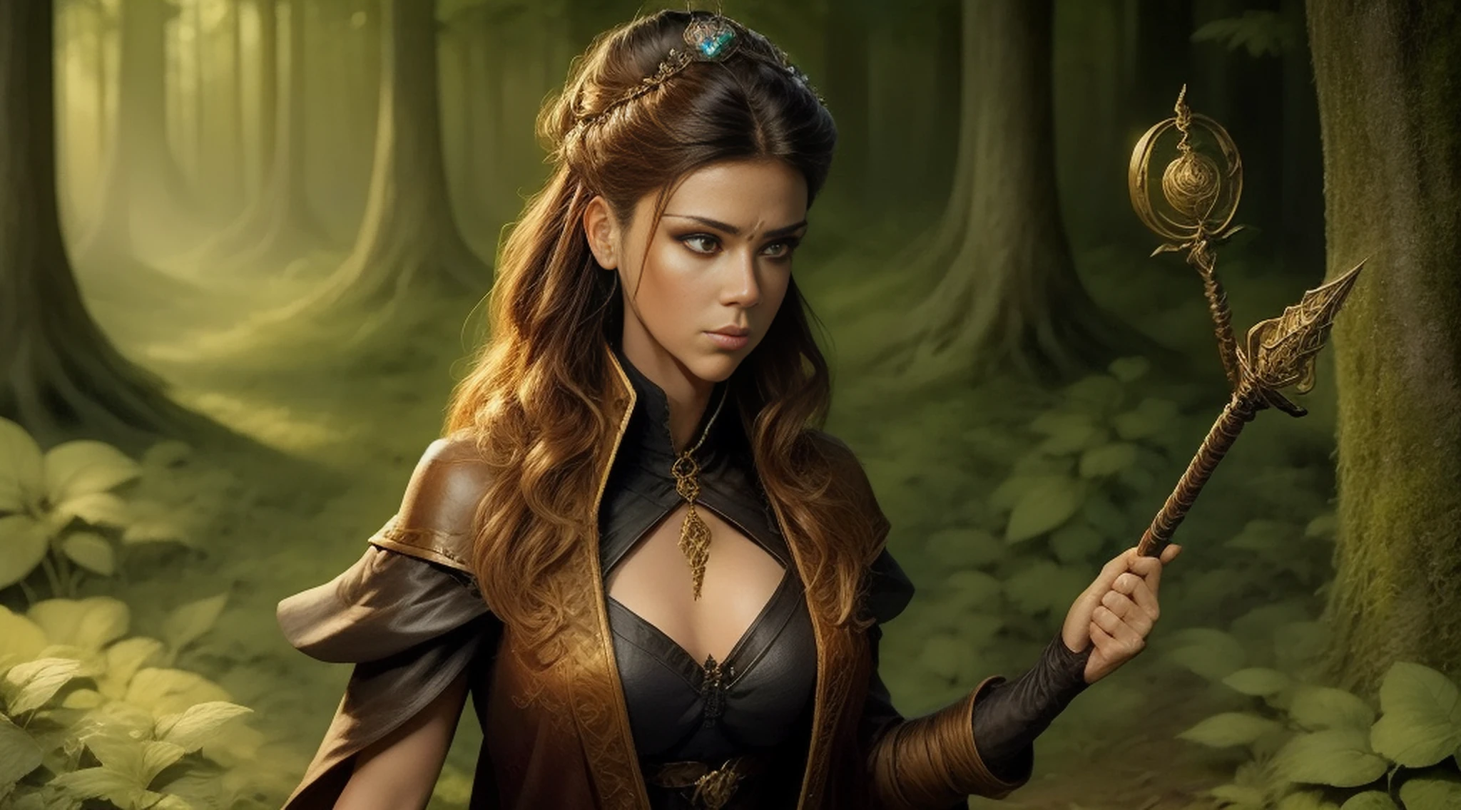 Arafed image of a woman in a forest holding a magic staff, fantasy card game art, detailed 2D digital fantasy art, Magali Villeneuve graphic artist, 4k fantasy art, epic fantasy digital art style, behance fantasy art, fantasy game art, detailed fantasy art, portrait of a female magician, d & d digital fantasy art, high quality fantasy art