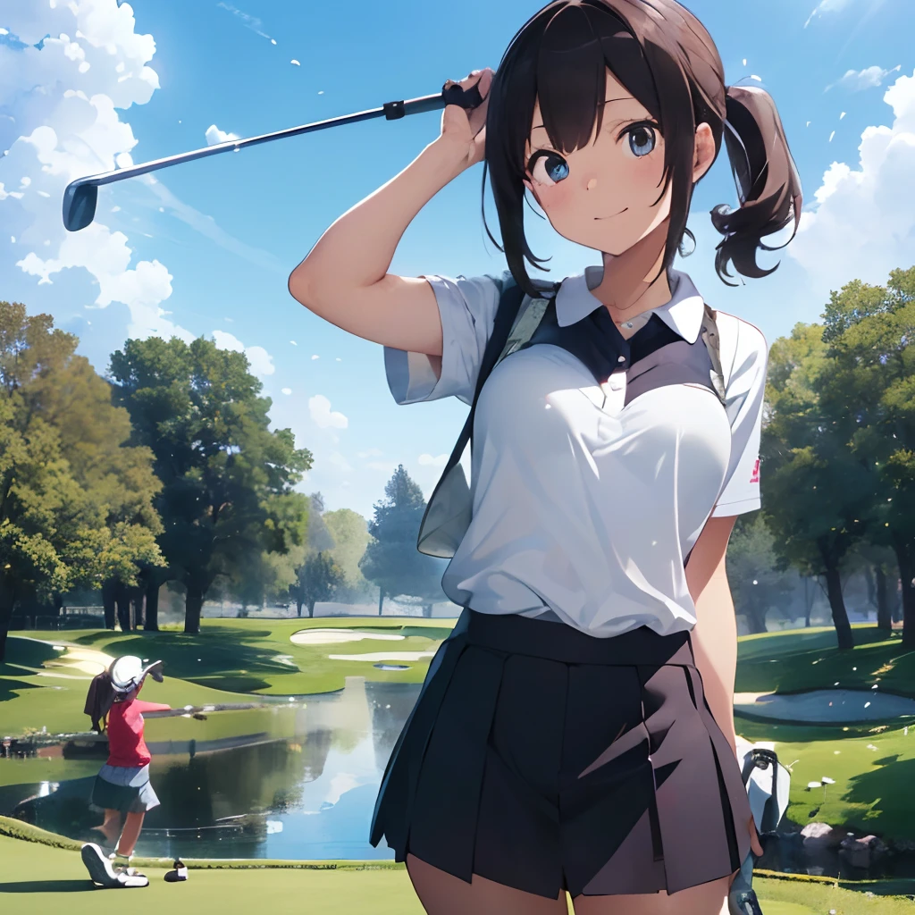 masutepiece, Best Quality, 8K_Wallpaper, (Beautiful eyes), ((Cute)), Cute, (lovely), (Golf course on a sunny day),1girl in,small tits,1 schoolgirl,Standing Girl,Smile,facial close-up、portlate(((Playing golf)))、(((There is a pond in front of you)))、((Golf Wear))