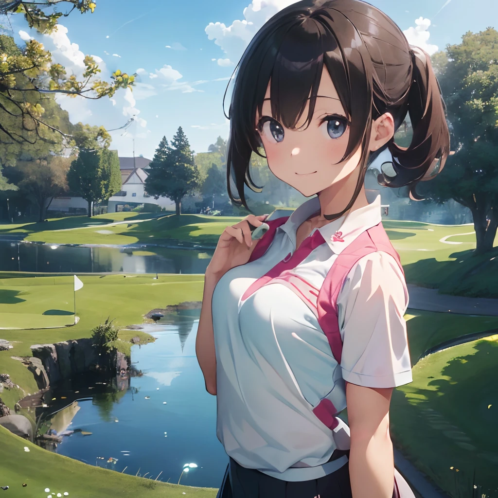 masutepiece, Best Quality, 8K_Wallpaper, (Beautiful eyes), ((Cute)), Cute, (lovely), (Golf course on a sunny day),1girl in,small tits,1 schoolgirl,Standing Girl,Smile,facial close-up、portlate(((Playing golf)))、(((There is a pond in front of you)))、((Golf Wear))