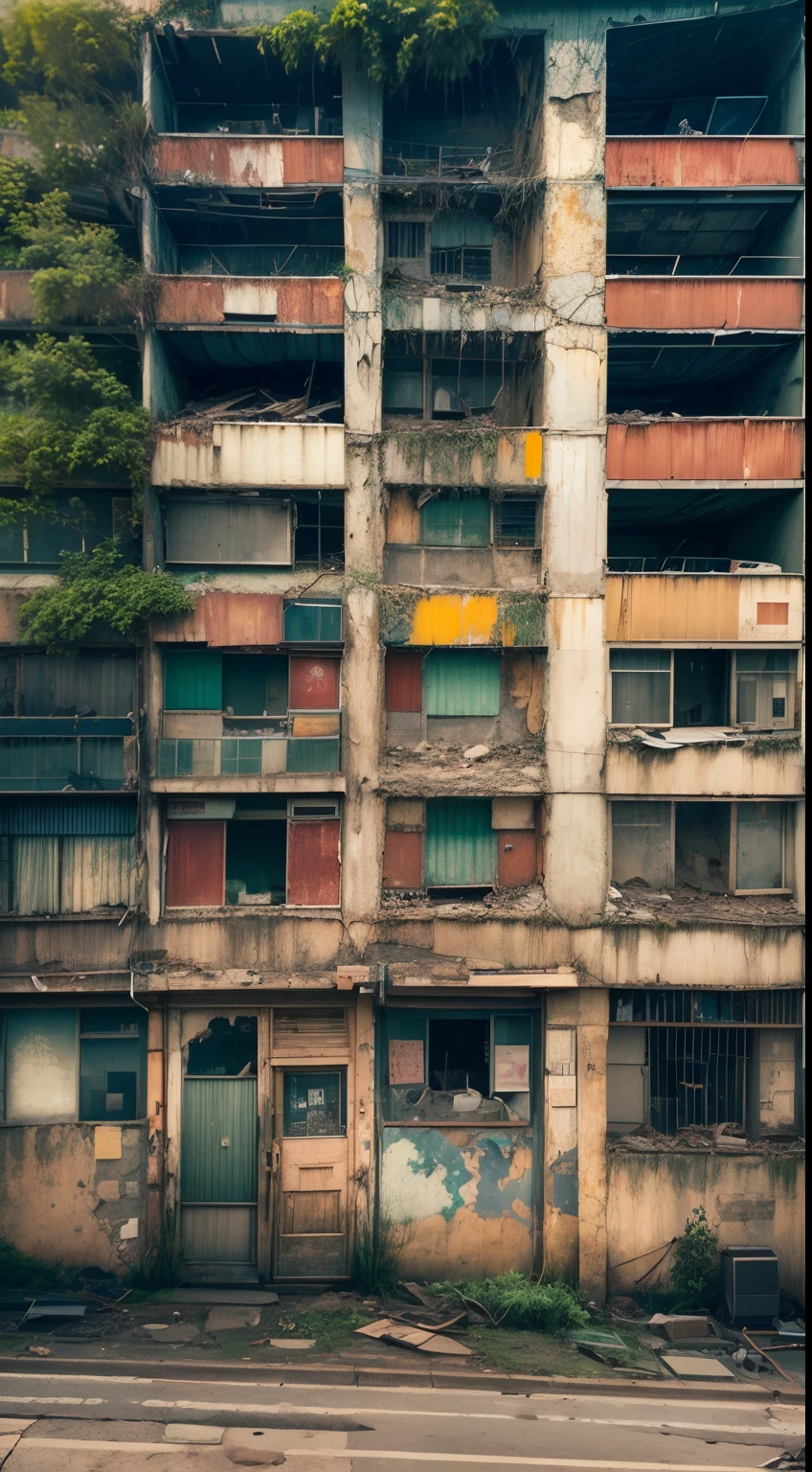 Cidade abandonada, com cores neutras, Foggy，Greenery crawls over abandoned city buildings, cinema shot, Complex urban background,Silently，shadowy， dappled，Rusty street buildings，traffic light，Running wild deer, Abandoned cars, Dilapidated shop, 废墟, surrealism, Chiaroscuro, Cinematic lighting, blend, projected inset, hyper HD, Super detail, High details, in a panoramic view，Drone shooting angle，High quality, A high resolution, 8K, ccurate