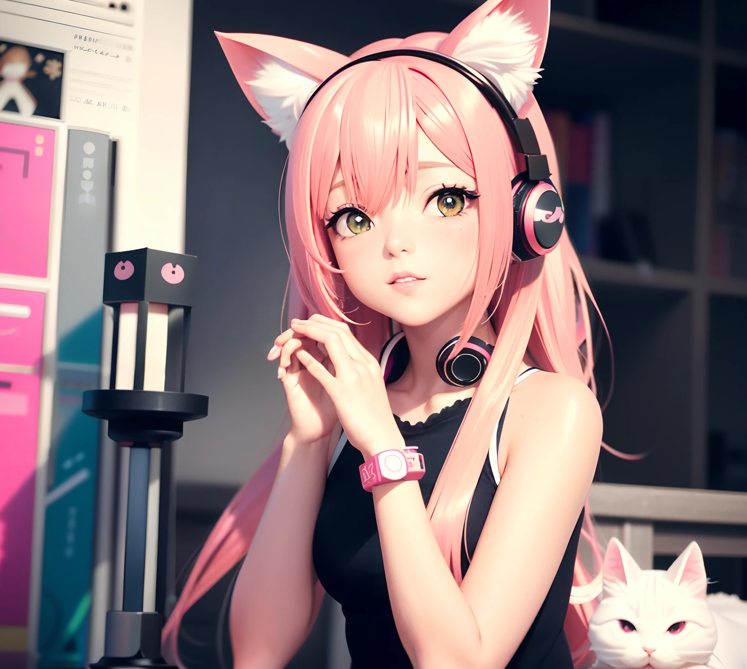 a demon girl with headphones and a backpack sitting on the ground, anime goth demon girl, wearing skirt and crop lace shirt, choke, wearing cat ear headphones, ulzzang, sfw